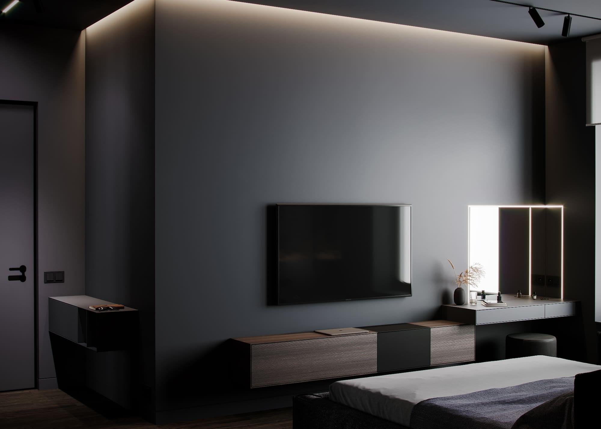 Modern country house in dark colors, bedroom, photo 24