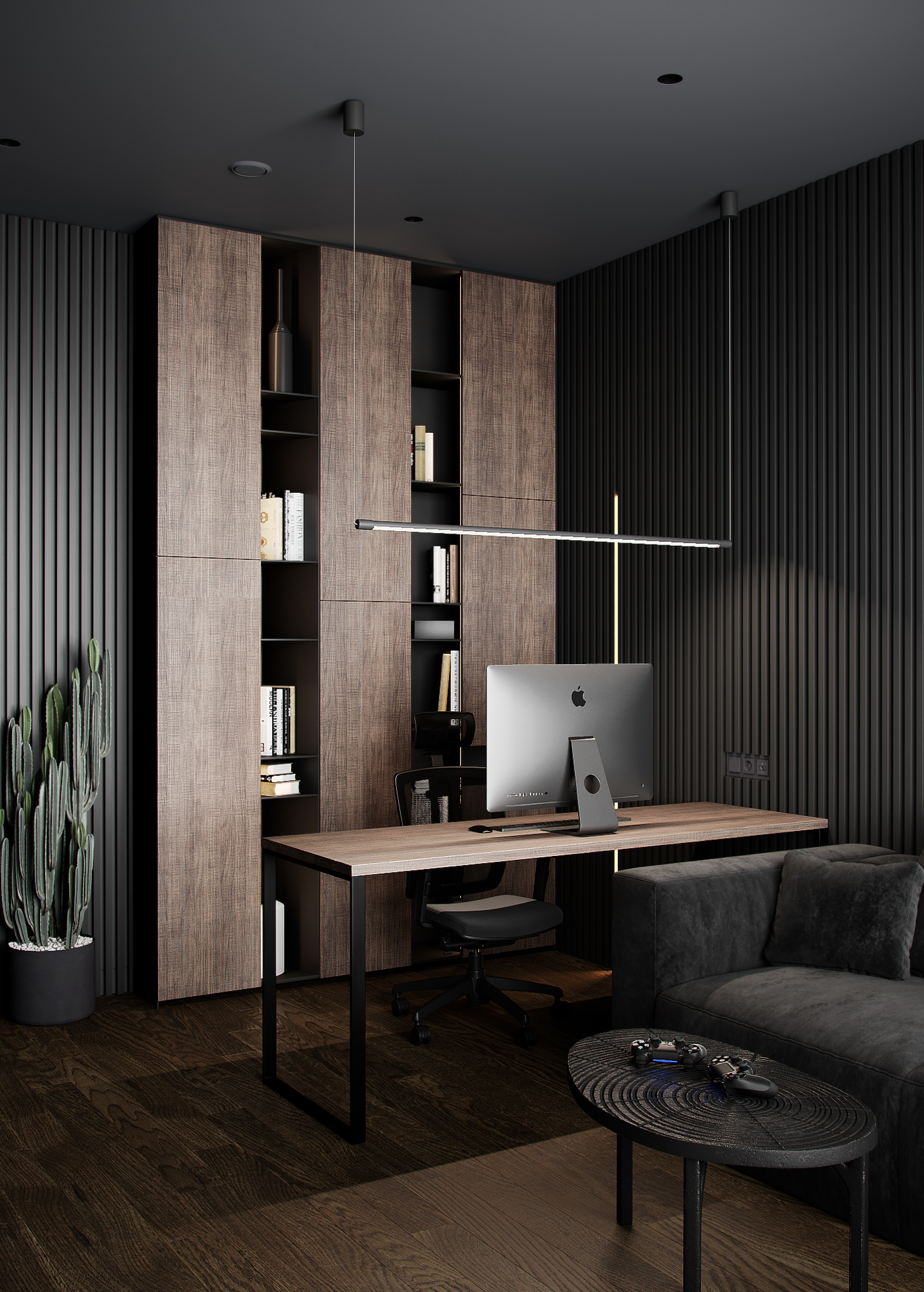 Modern country house in dark colors, cabinet, photo 9