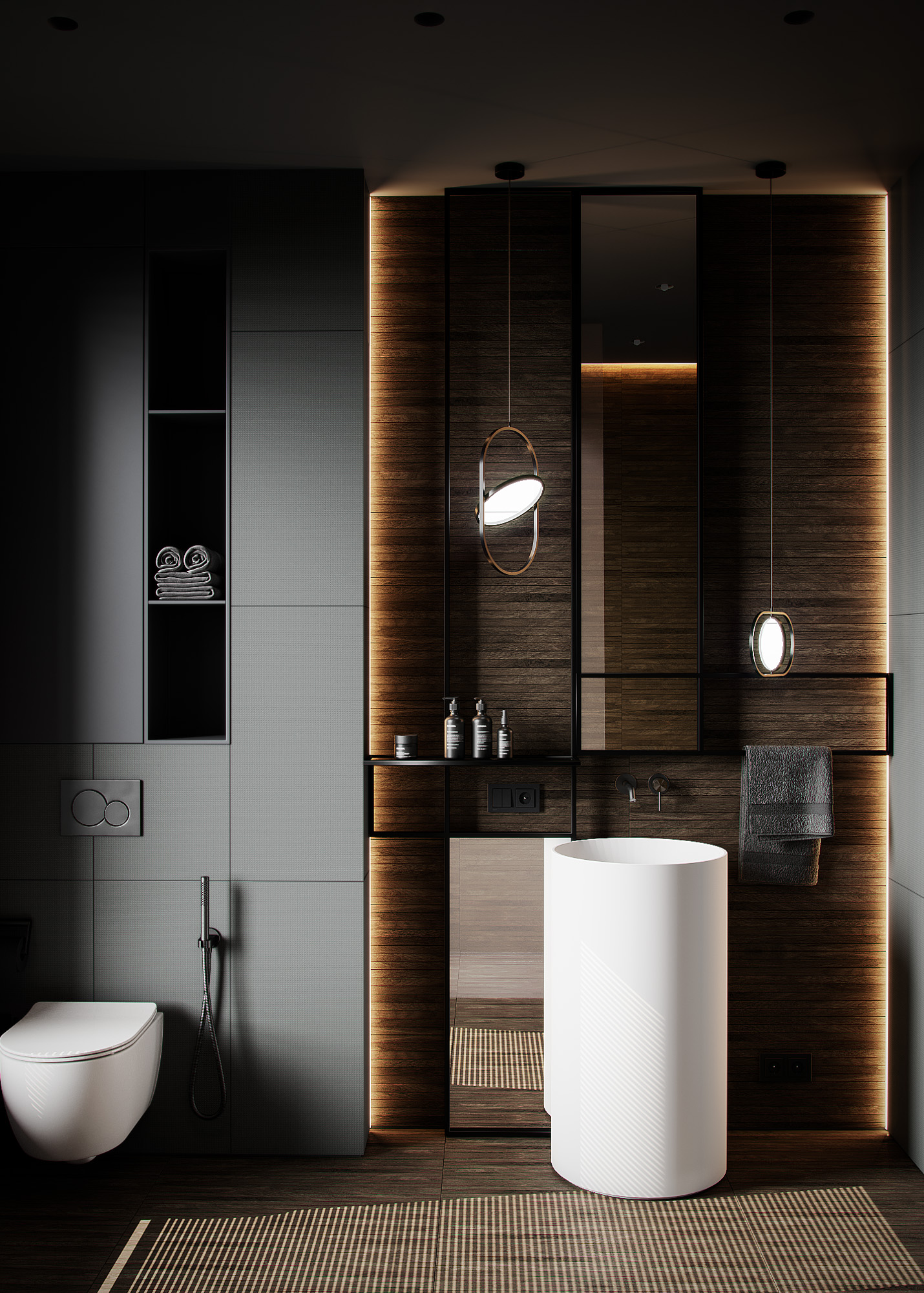 Modern country house in dark colors, bathroom, photo 6