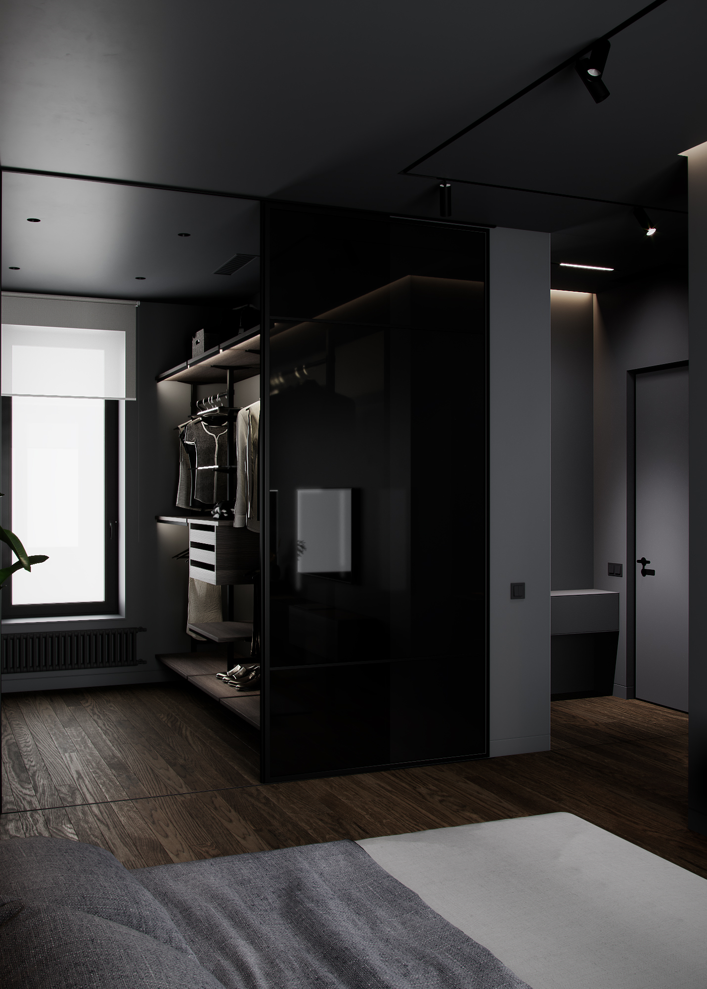 Modern country house in dark colors, bedroom, photo 10