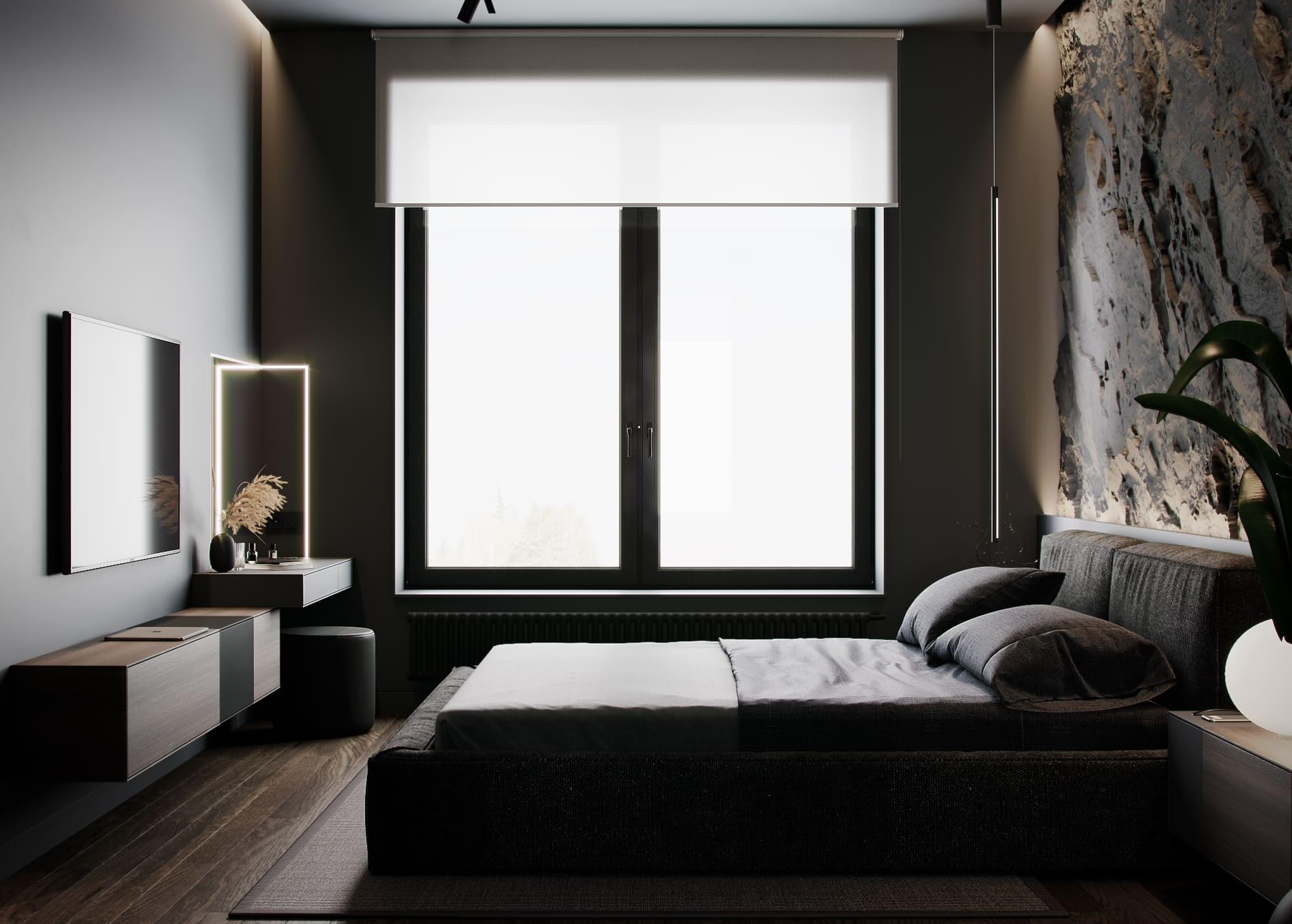 Modern country house in dark colors, bedroom, photo 23