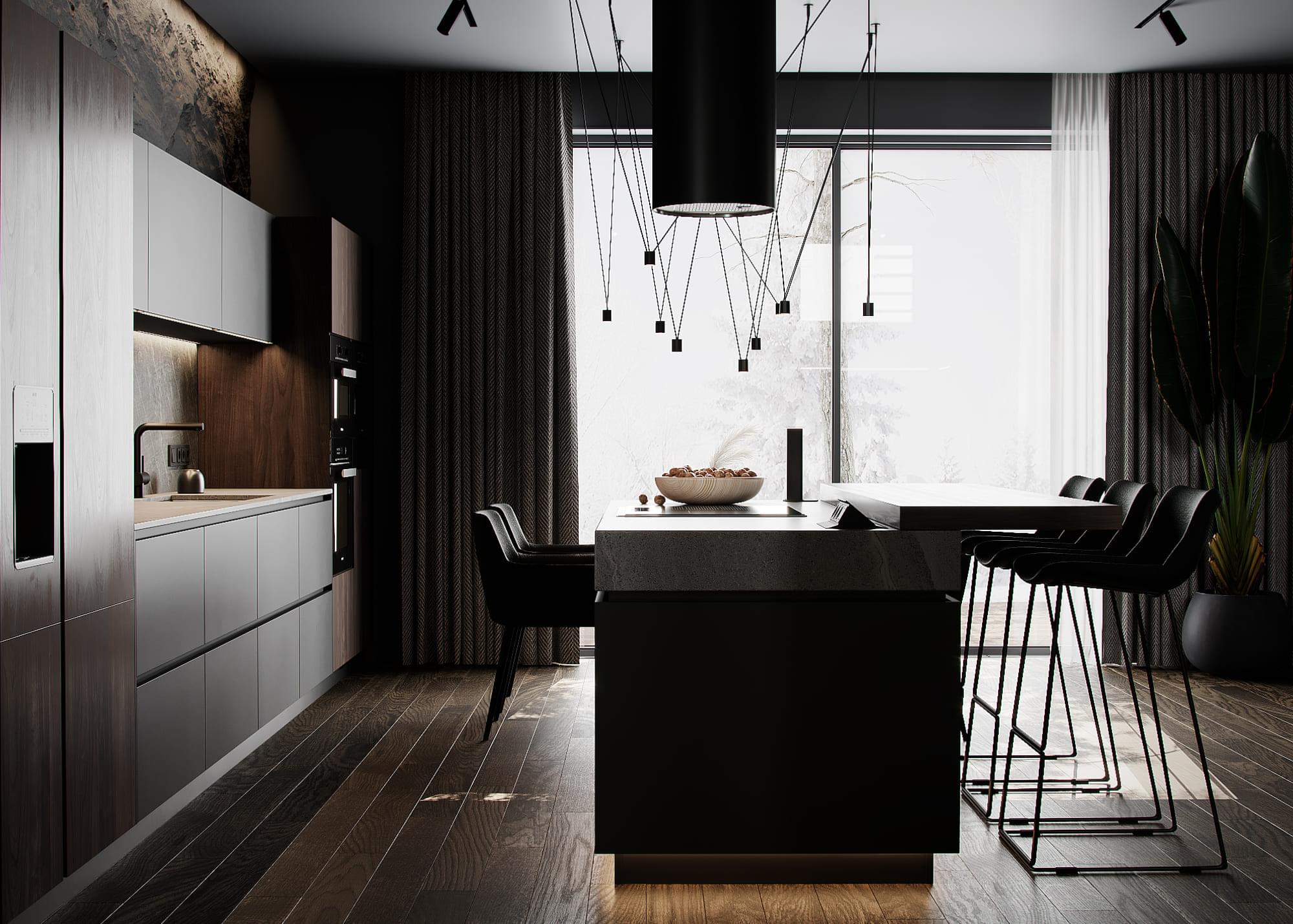 Modern country house in dark colors, kitchen-living room, photo 18