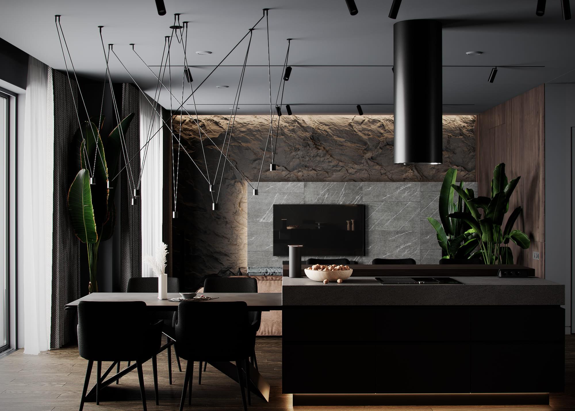 Modern country house in dark colors, kitchen-living room, photo 12