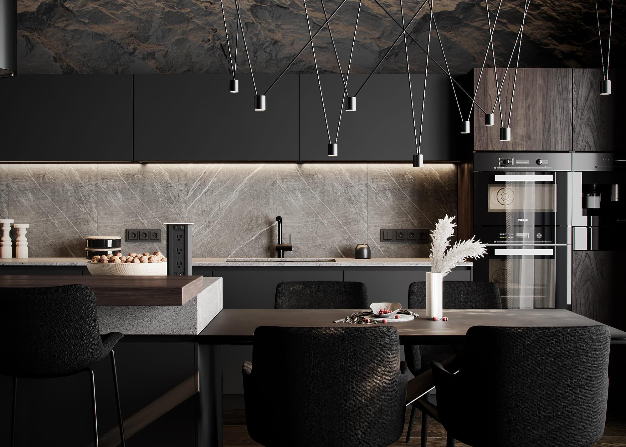 Modern country house in dark colors, kitchen-living room, photo 15