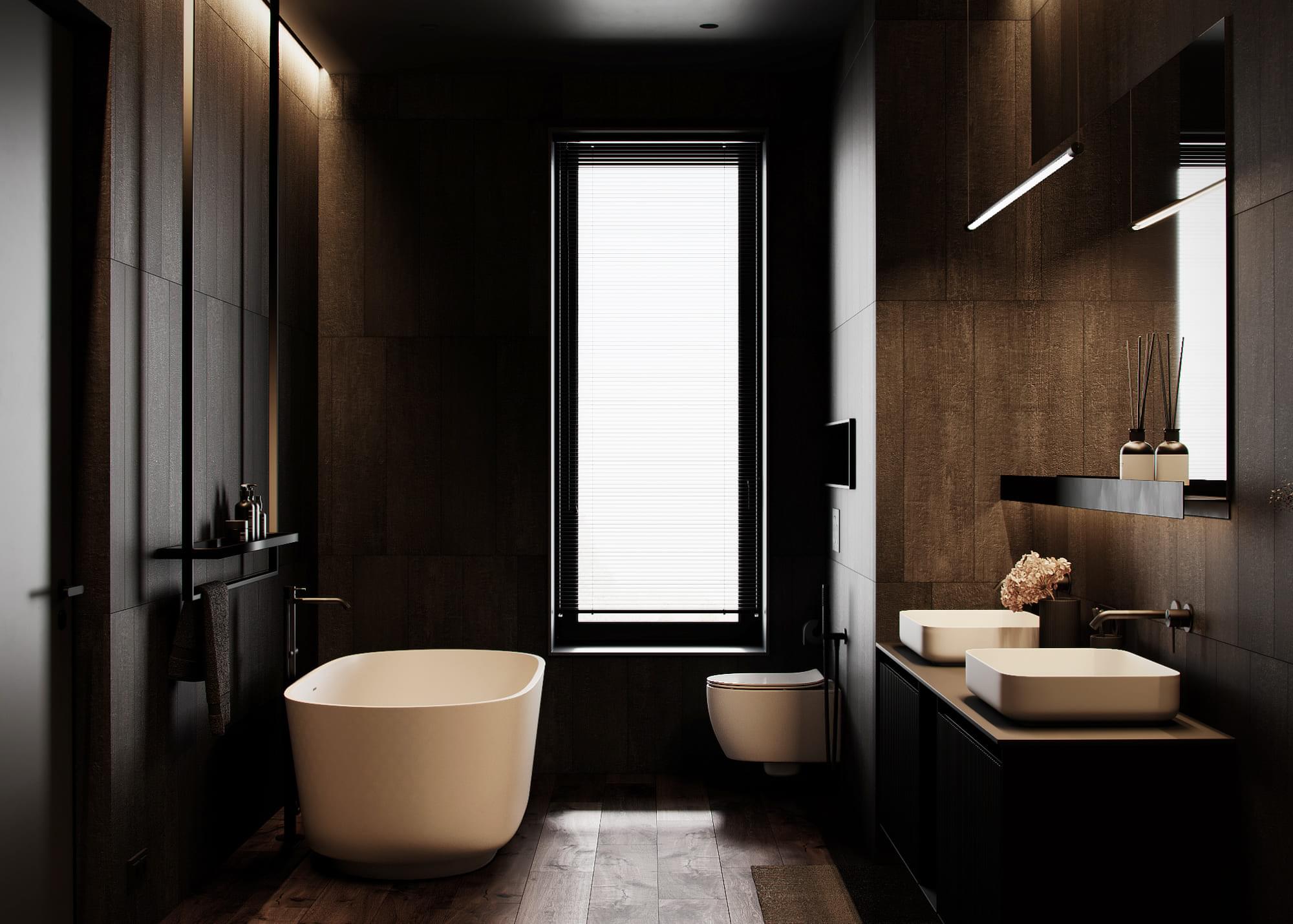 Modern country house in dark colors, bathroom, photo 29