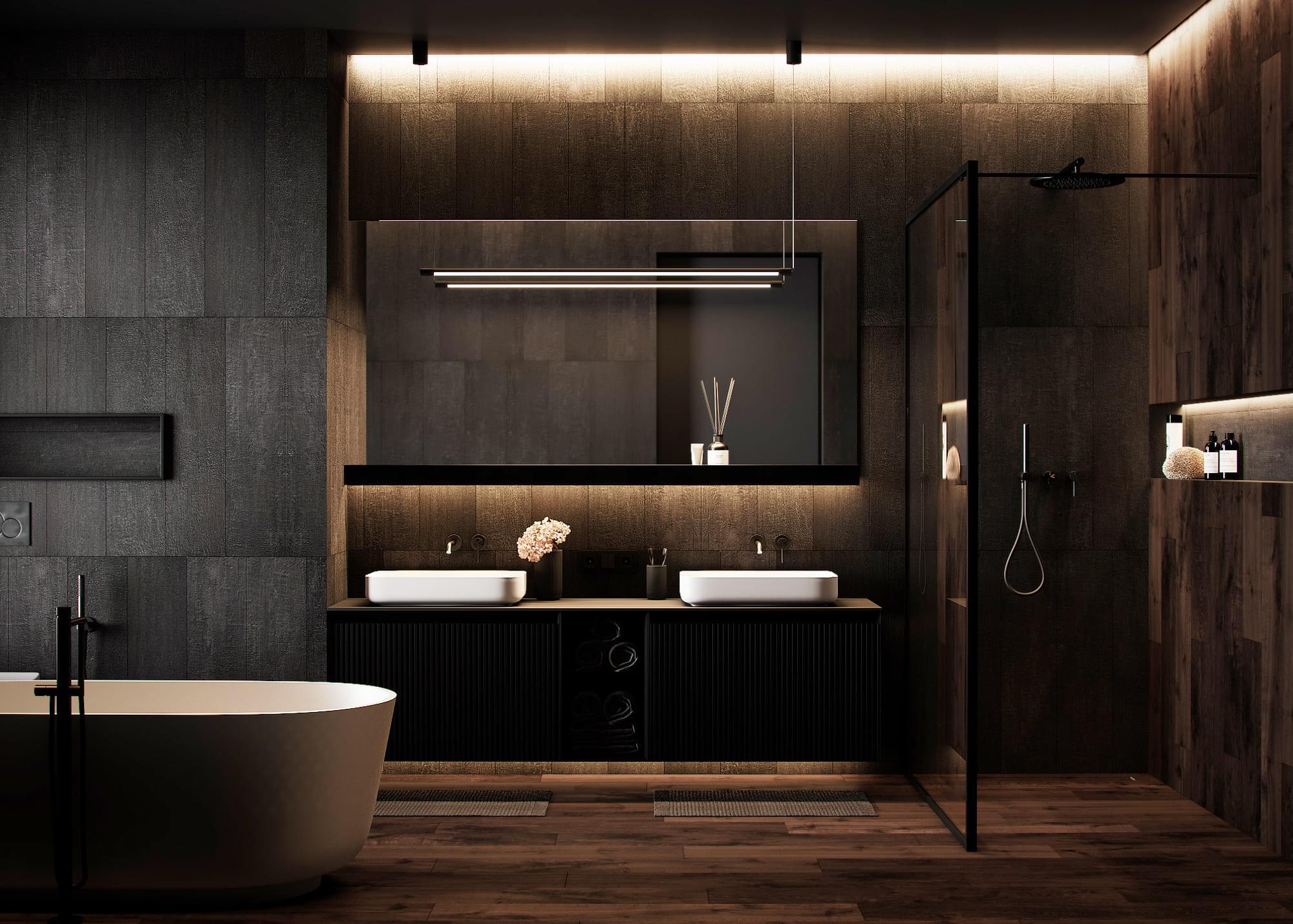 Modern country house in dark colors, bathroom, photo 26