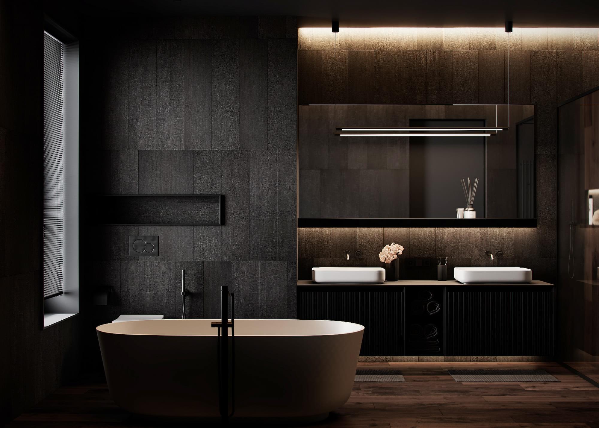 Modern country house in dark colors, bathroom, photo 27