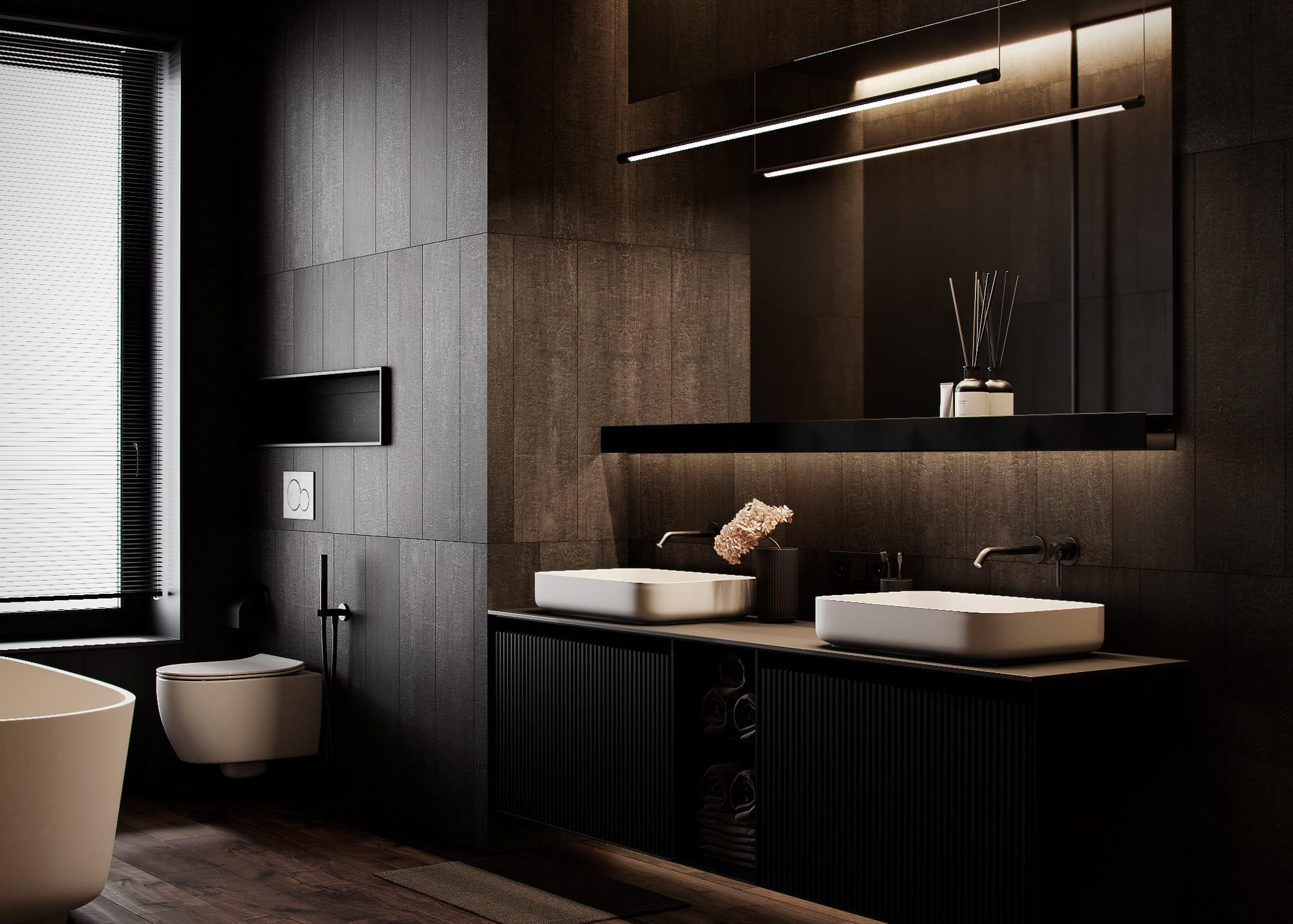 Modern country house in dark colors, bathroom, photo 25