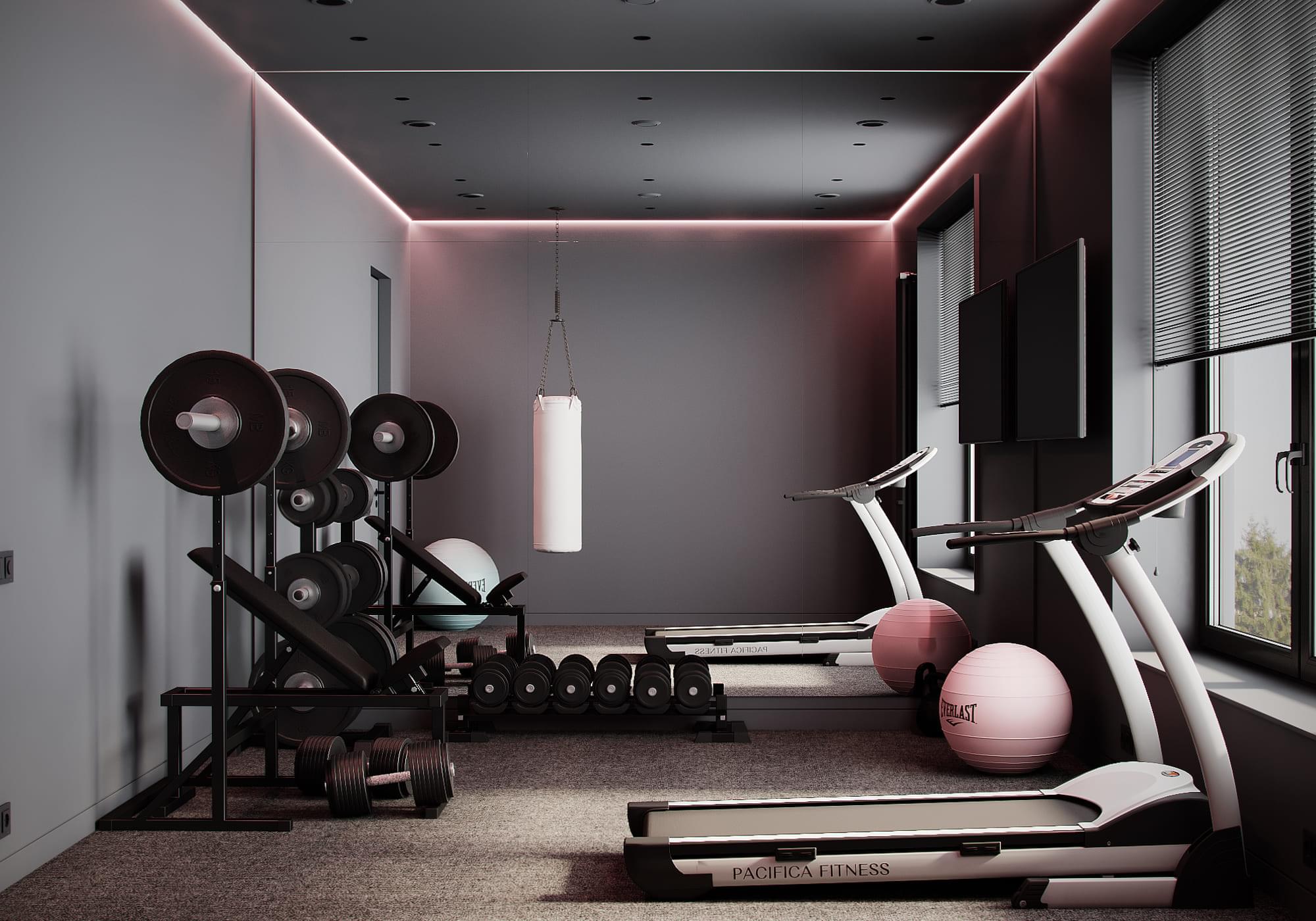 Modern country house in dark colors, gym, photo 37