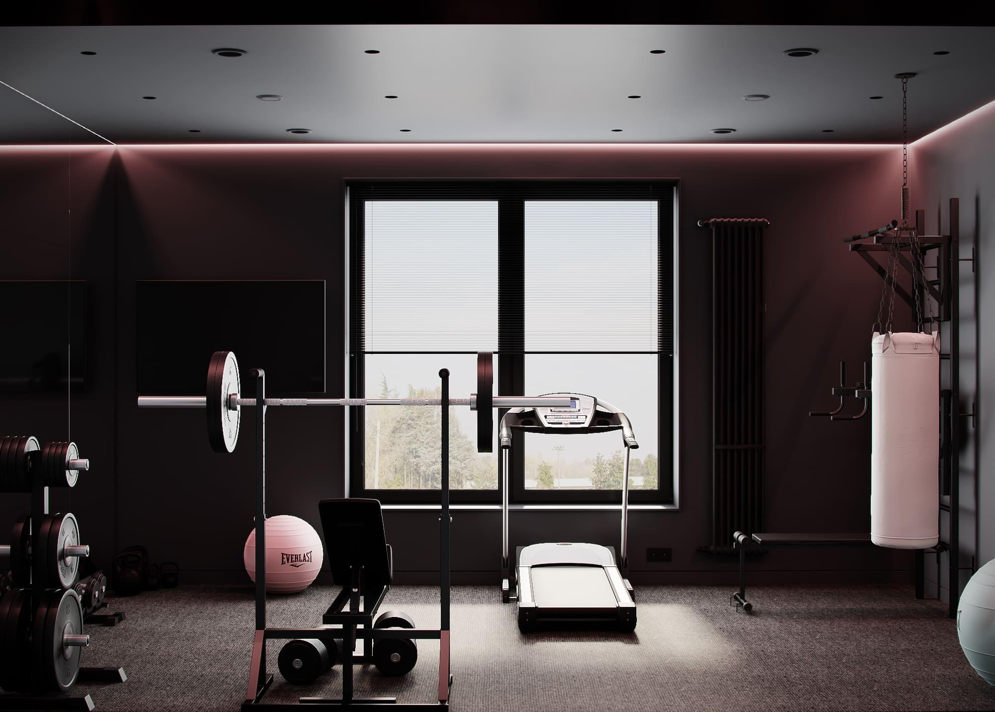 Modern country house in dark colors, gym, photo 39