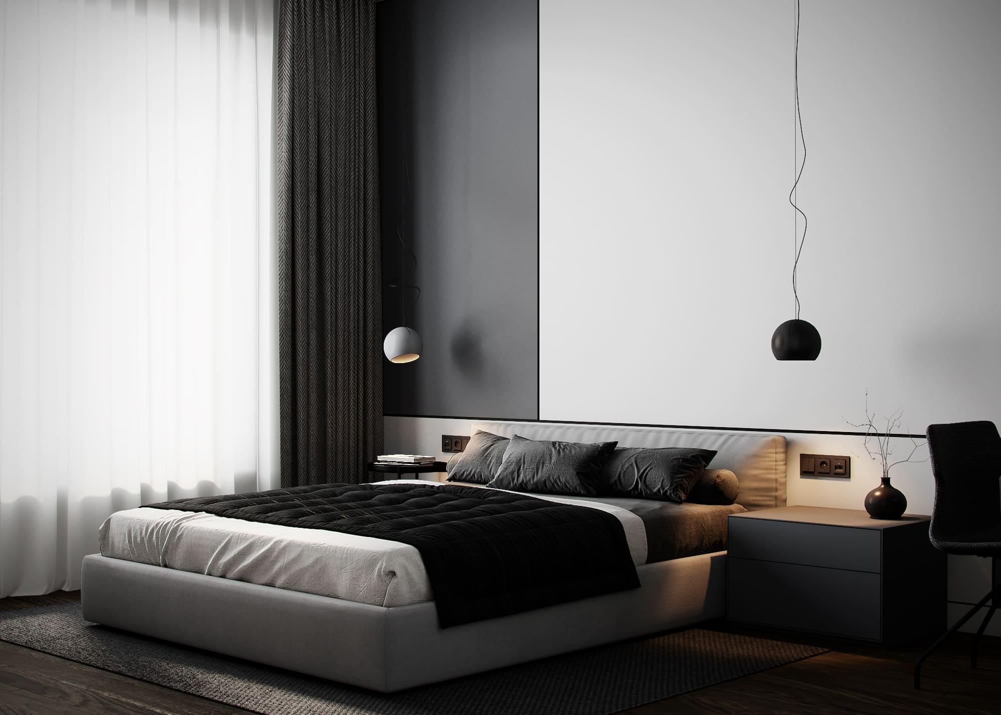 Modern country house in dark colors, bedroom, photo 32