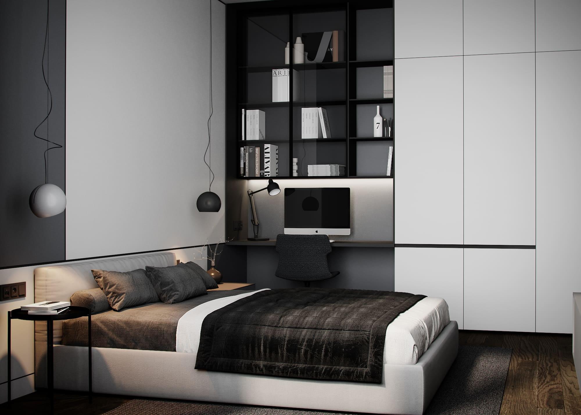 Modern country house in dark colors, bedroom, photo 33