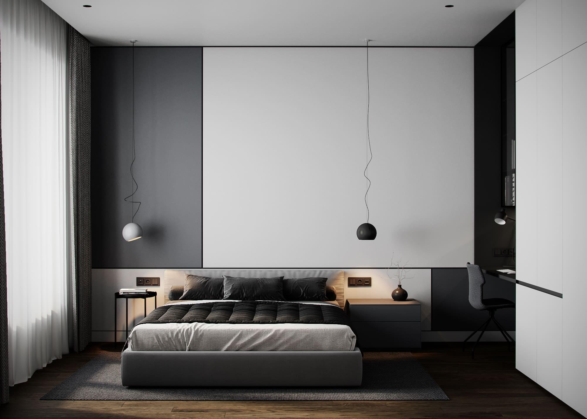 Modern country house in dark colors, bedroom, photo 34