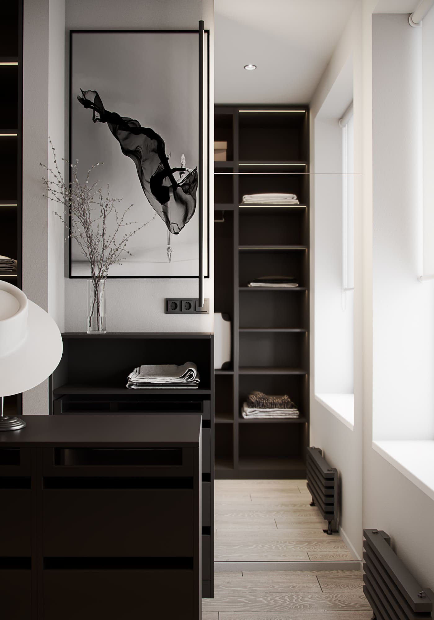 Stylish apartment with neoclassical elements for a young couple, wardrobe, photo 37