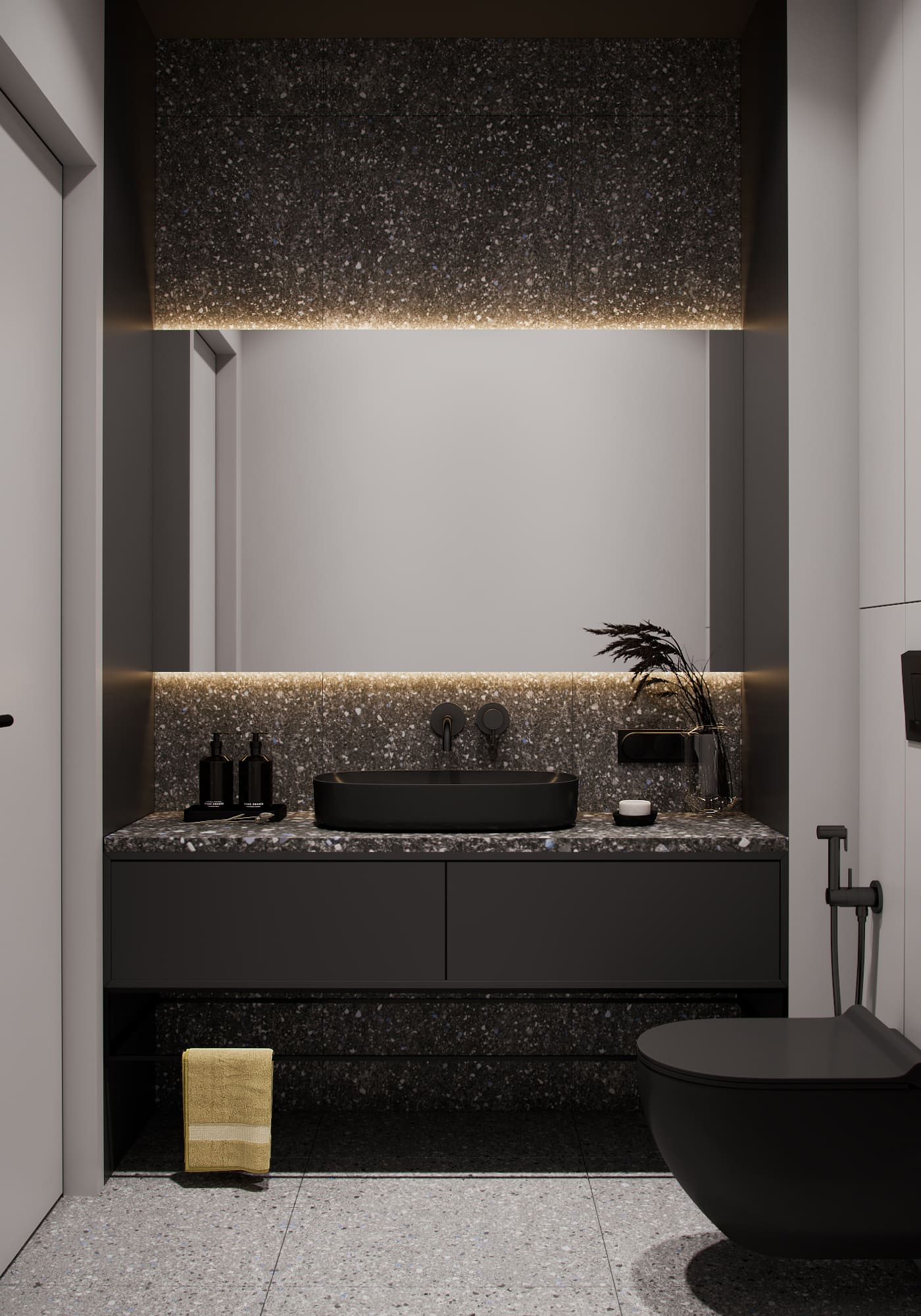 Dark minimalist apartment, bathroom, photo 2