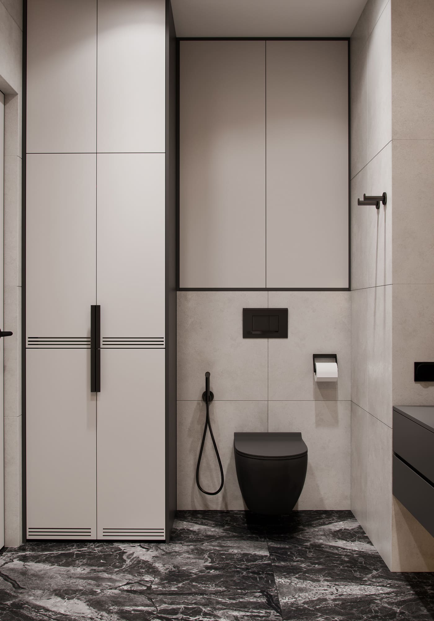 Dark minimalist apartment, bathroom, photo 1