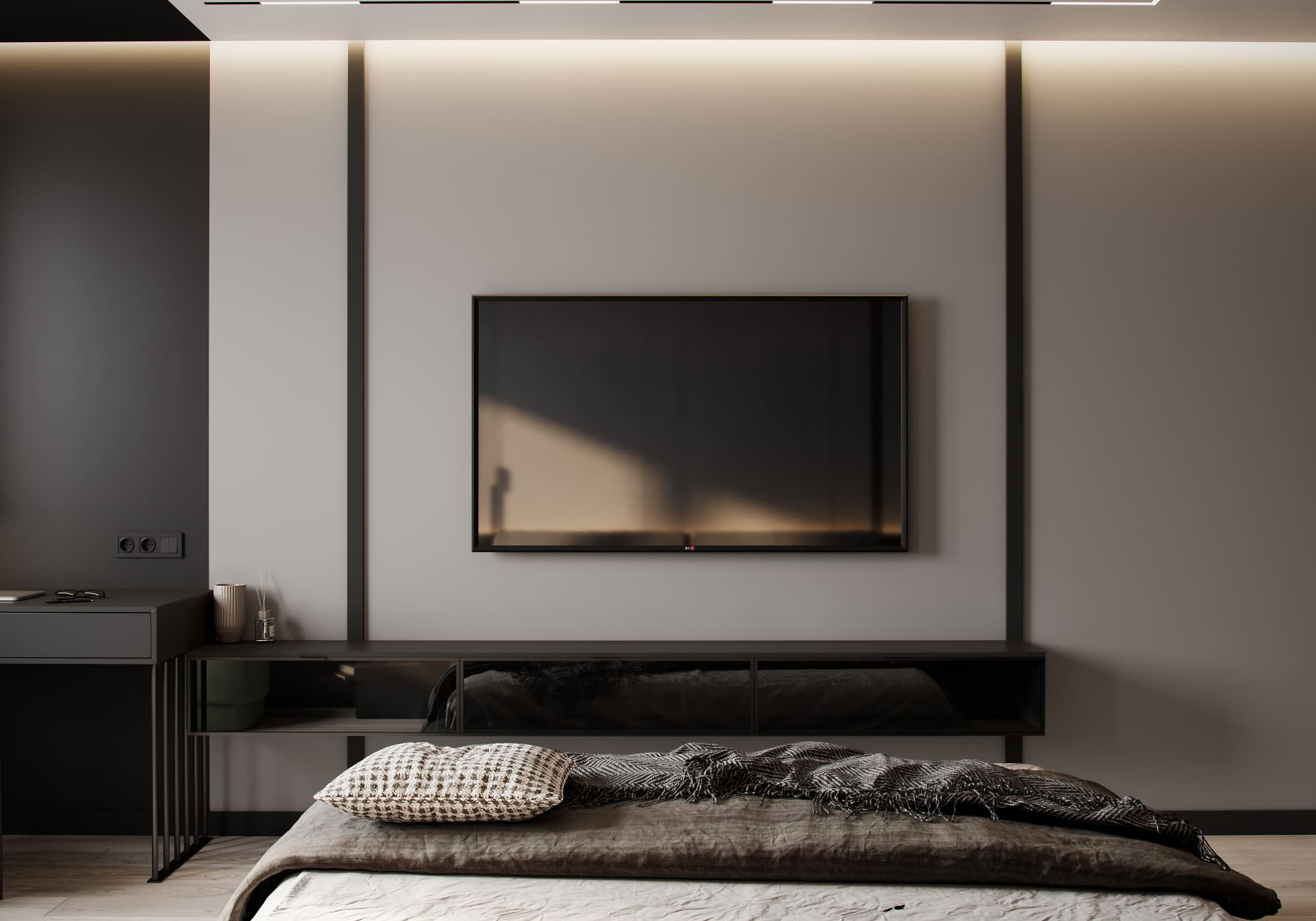 Dark minimalist apartment, bedroom, photo 16