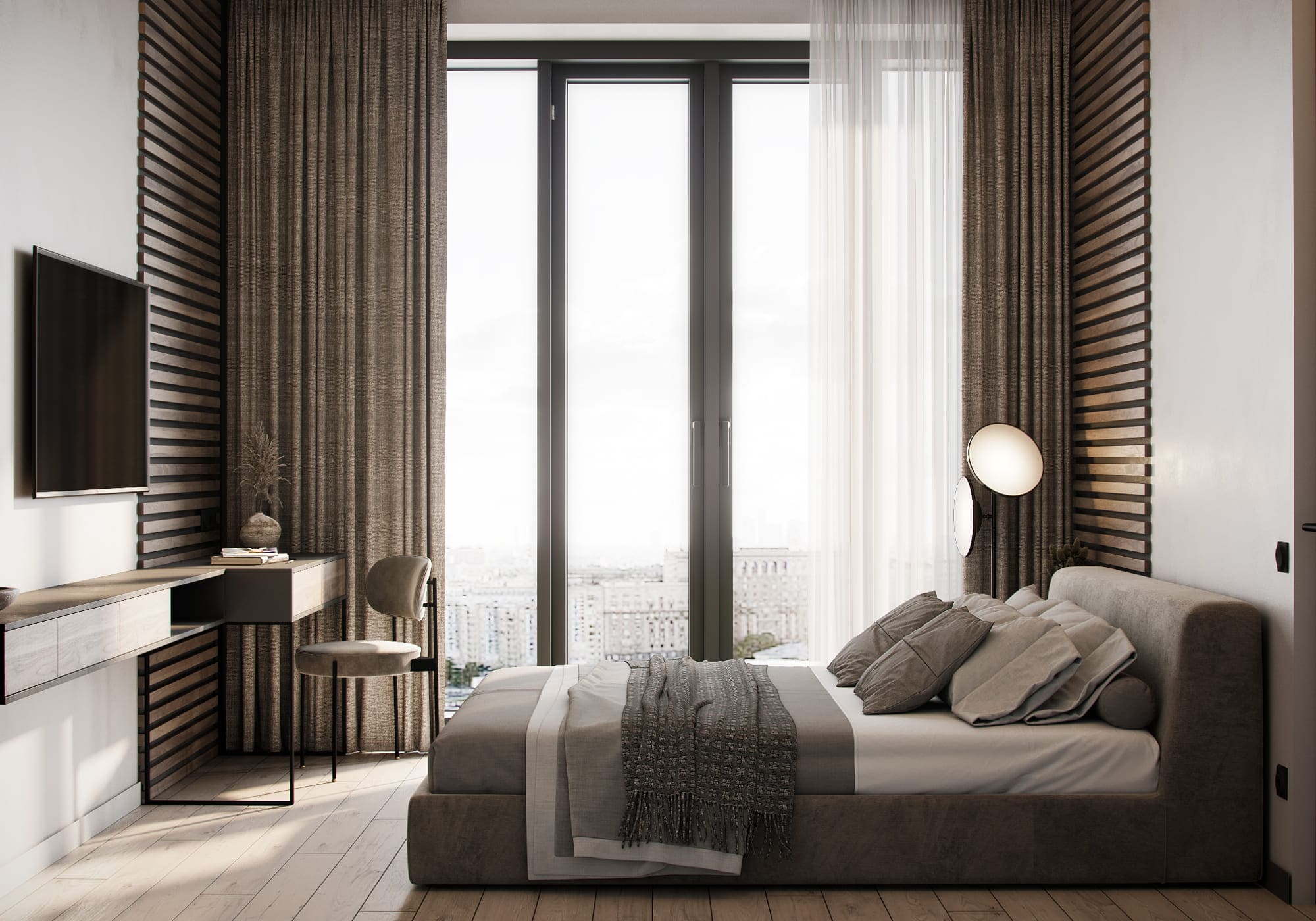 Стильная квартира в светлых тонах с панорамным видом, спальня, фото 41