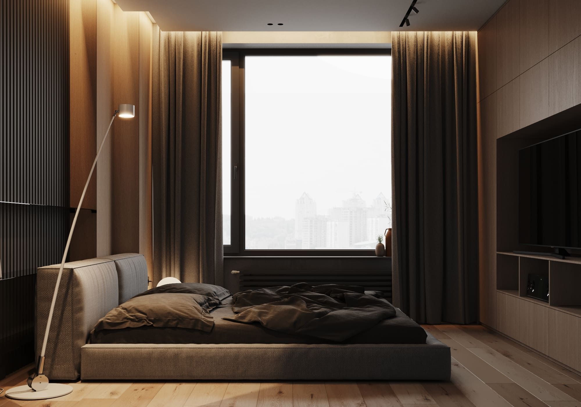 Современная квартира для холостяка с панорамным видом на город, спальня, фото 16