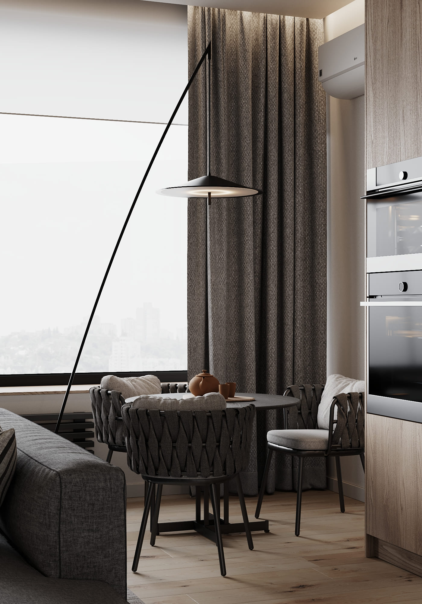 Современная квартира для холостяка с панорамным видом на город, кухня-гостинная, фото 24