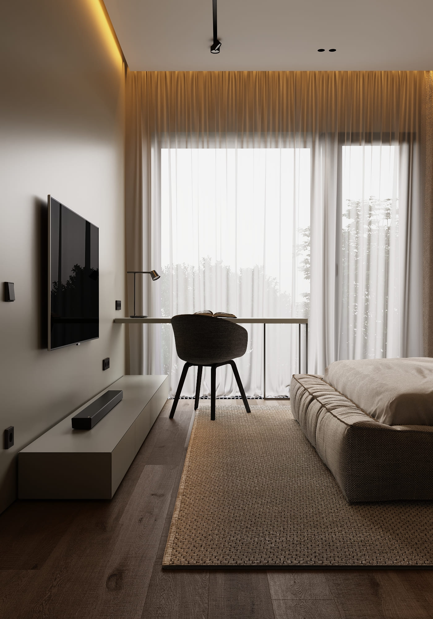 Stylish minimalist apartment, bedroom, photo 23