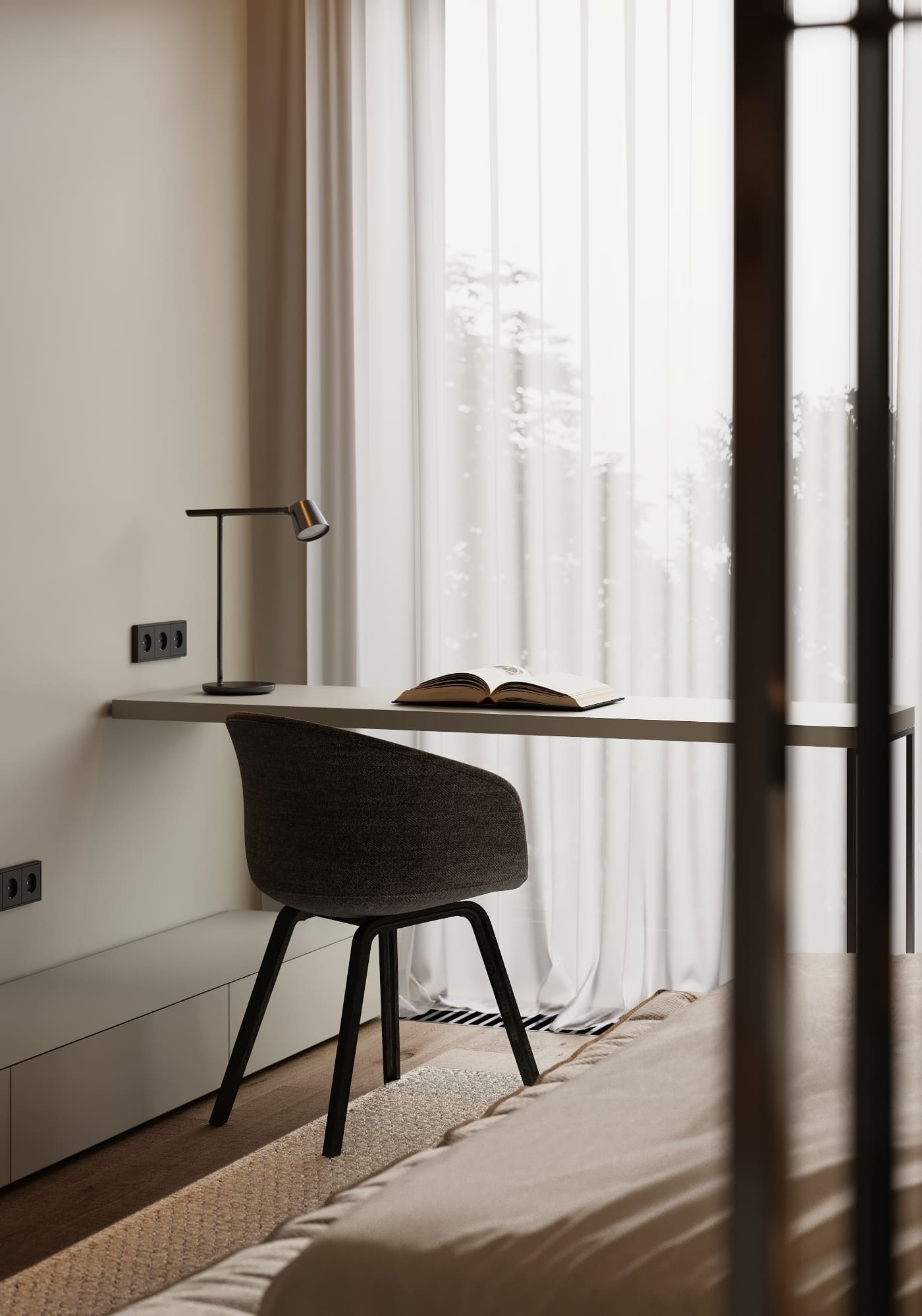 Stylish minimalist apartment, bedroom, photo 22