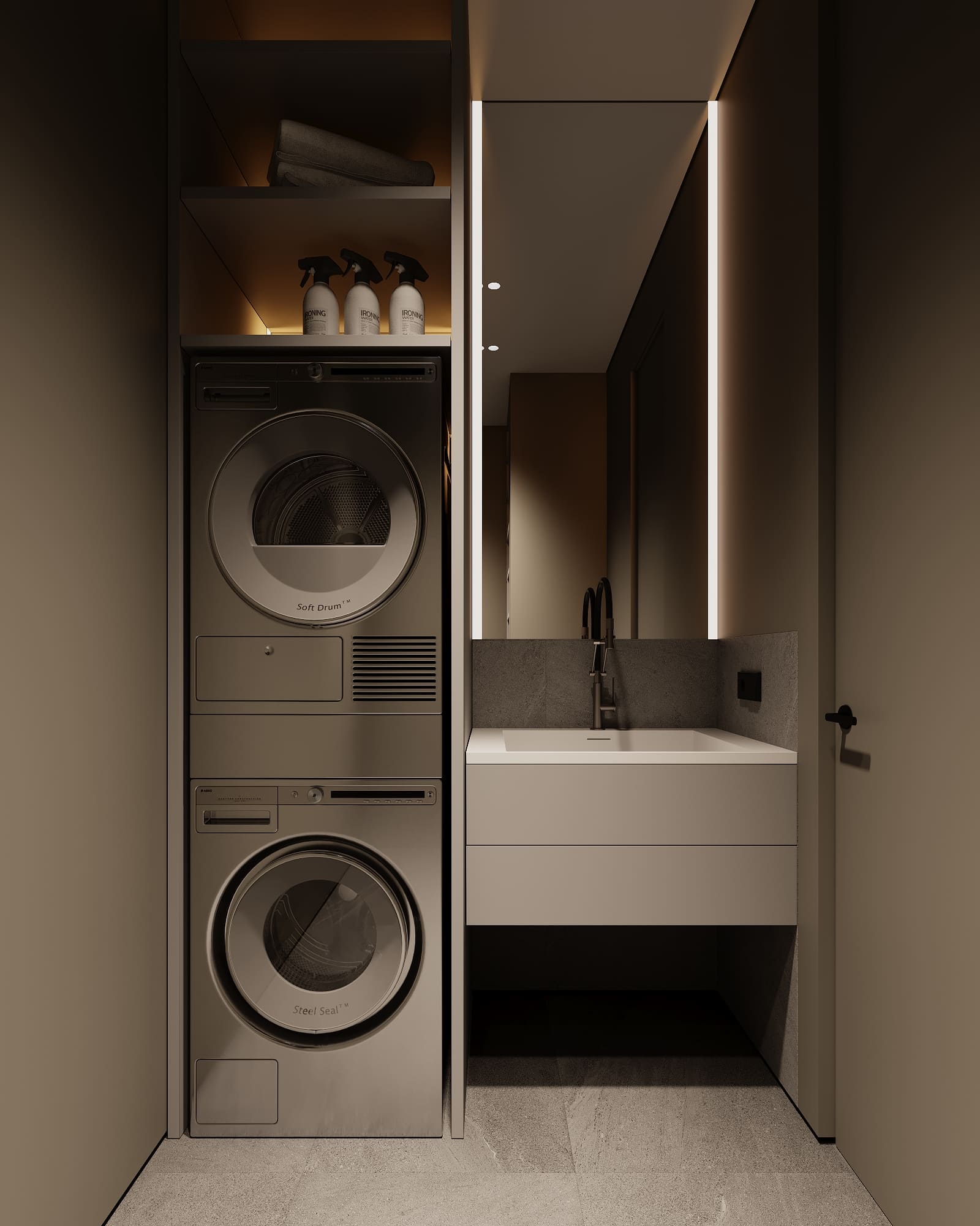 Stylish minimalist apartment, laundry, photo 9