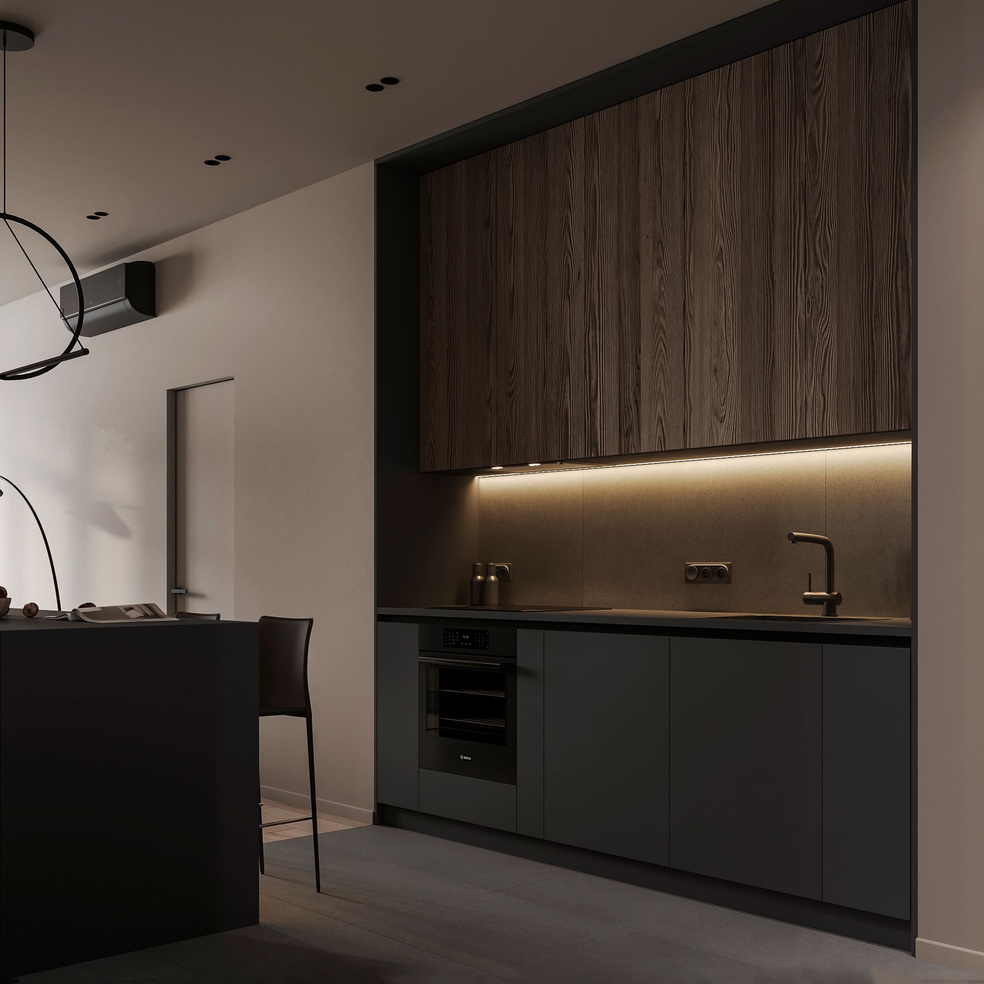 Apartment in dark colors in a modern style, kitchen-living room, photo 22