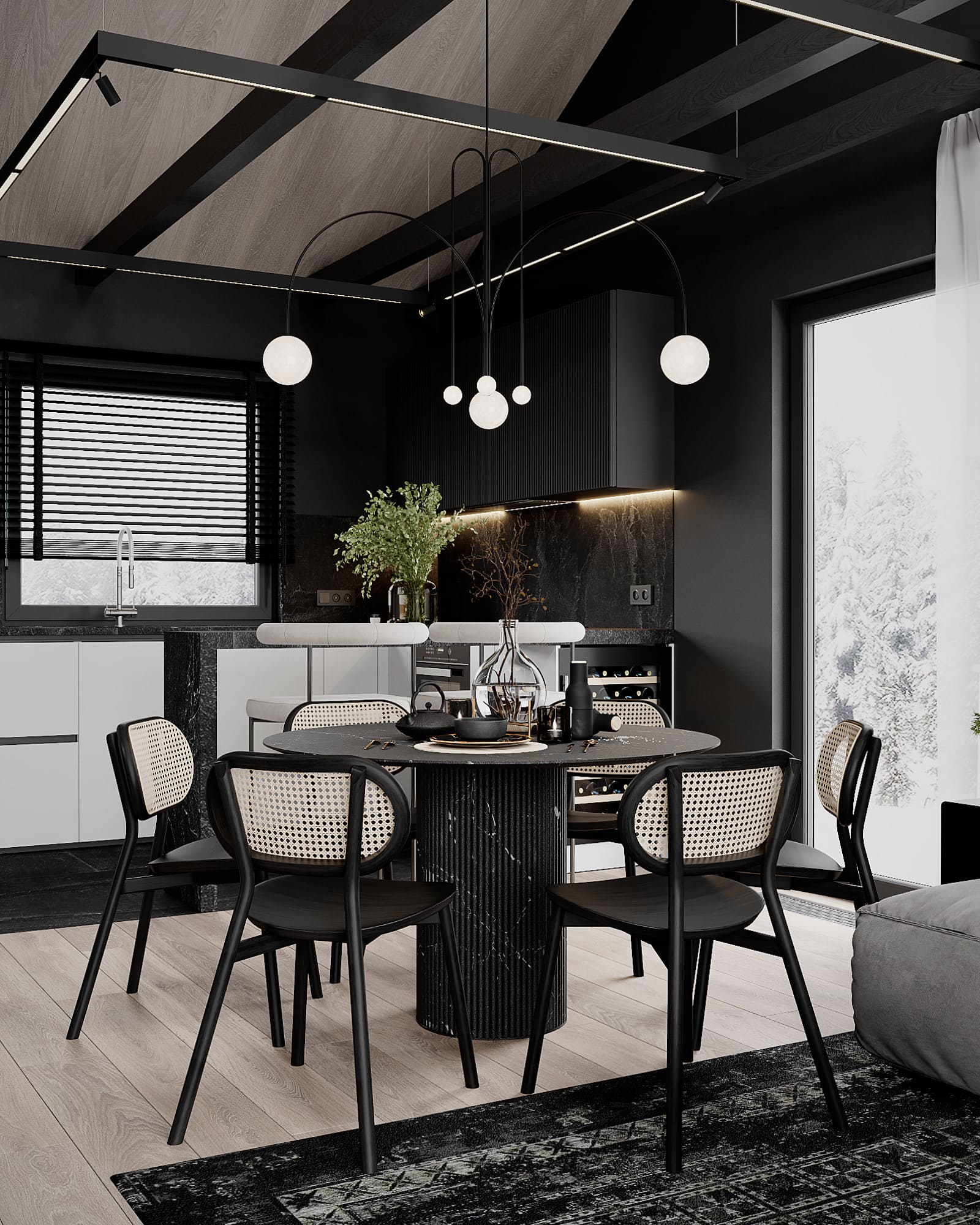 A country house in a dark color scheme, kitchen-living room, photo 17