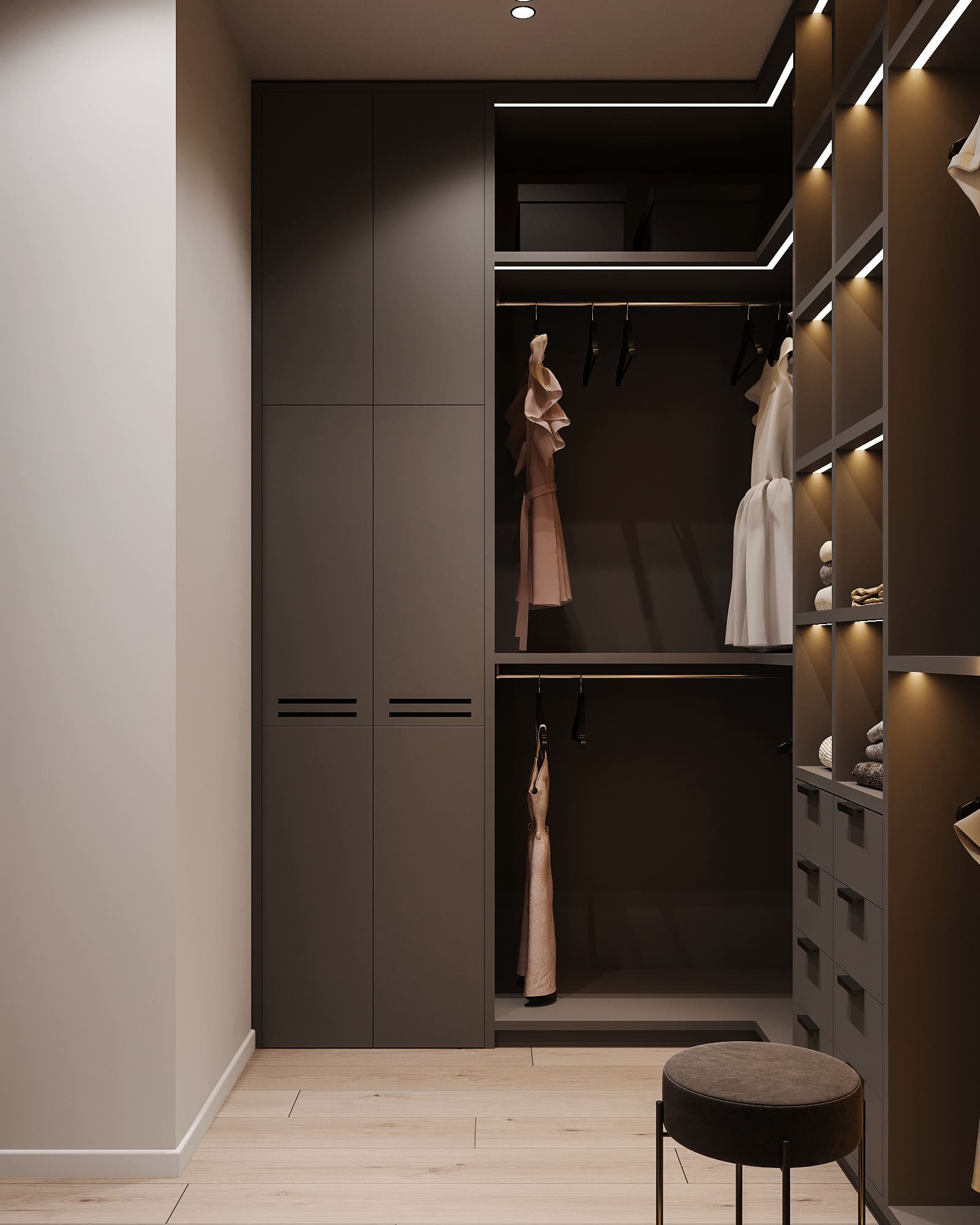 Apartment in dark colors in a modern style, wardrobe, photo 10