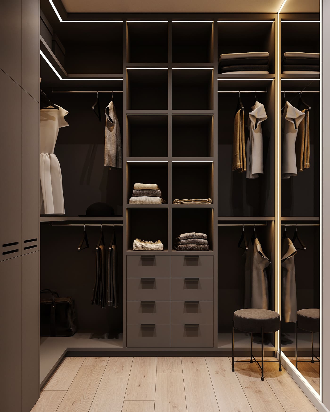 Apartment in dark colors in a modern style, wardrobe, photo 9