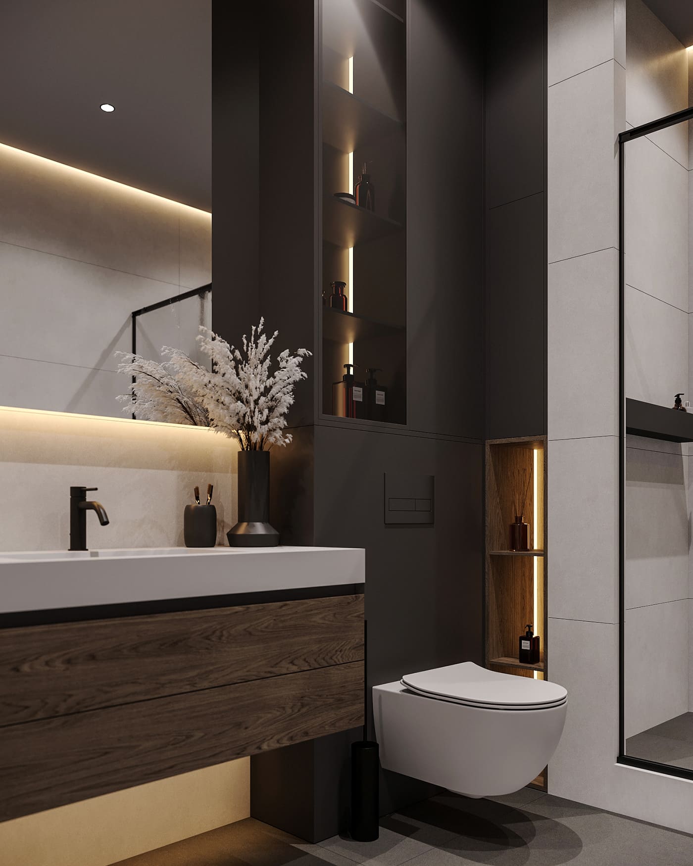 Apartment in dark colors in a modern style, bathroom, photo 4