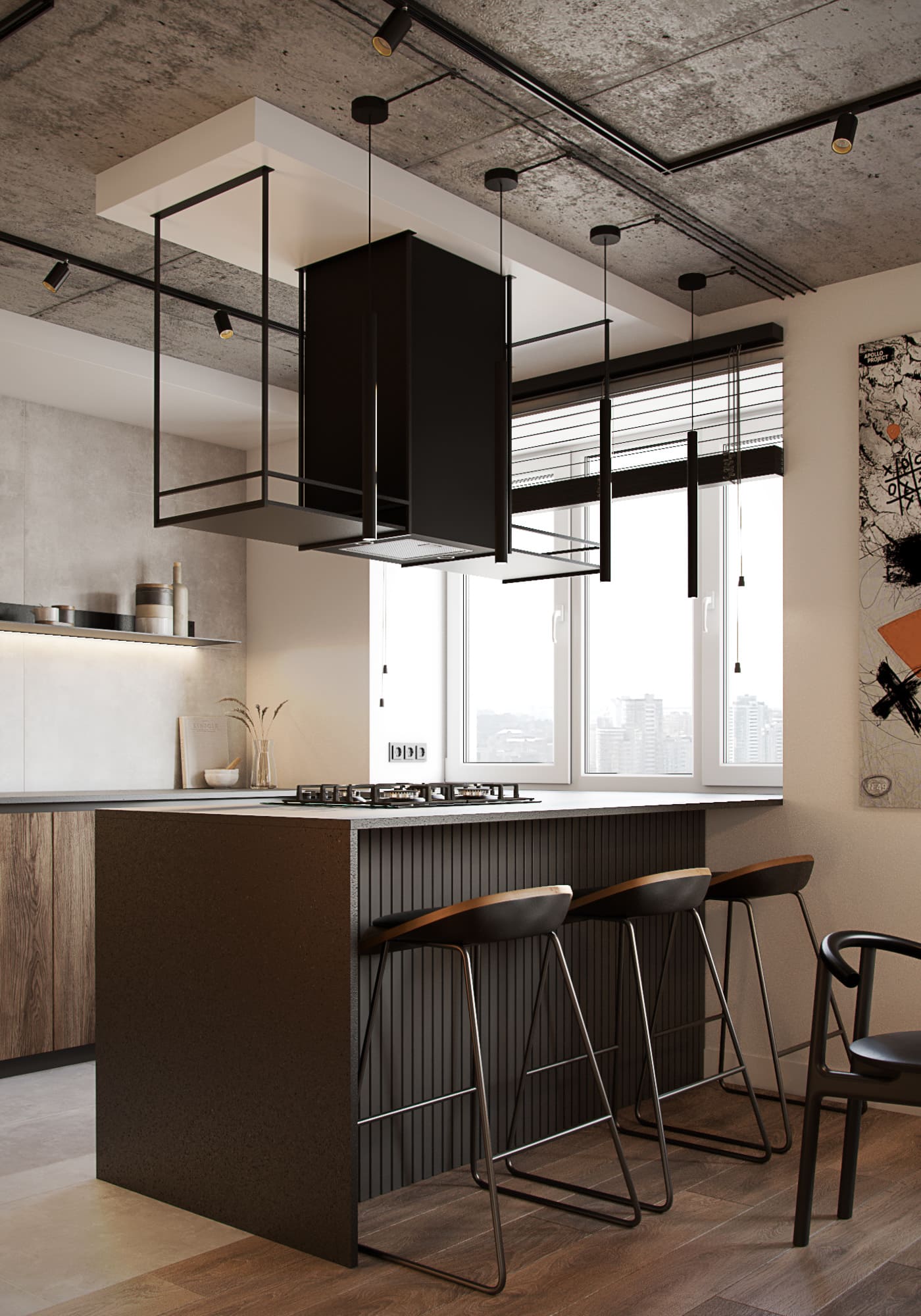 Modern apartment with elements of a loft, kitchen-living room, photo 8