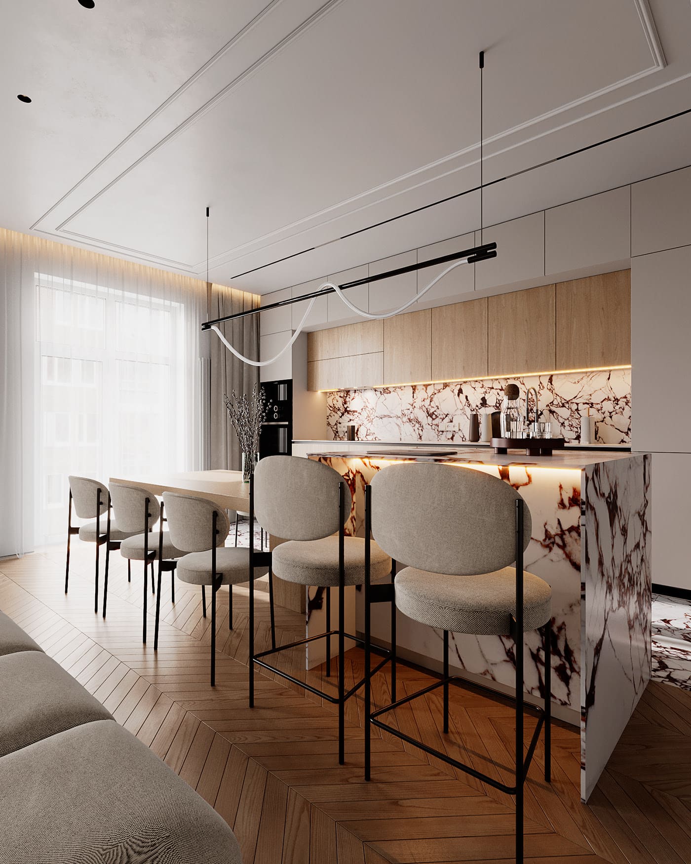 Prestigious bright apartment in minimalist style, kitchen-living room, photo 35