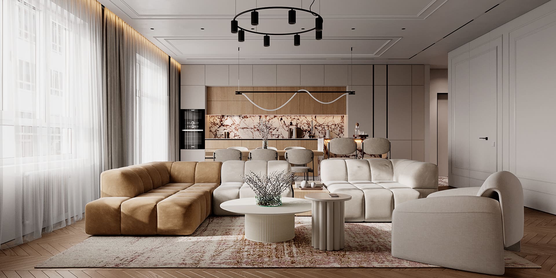 Prestigious bright apartment in minimalist style, kitchen-living room, photo 44