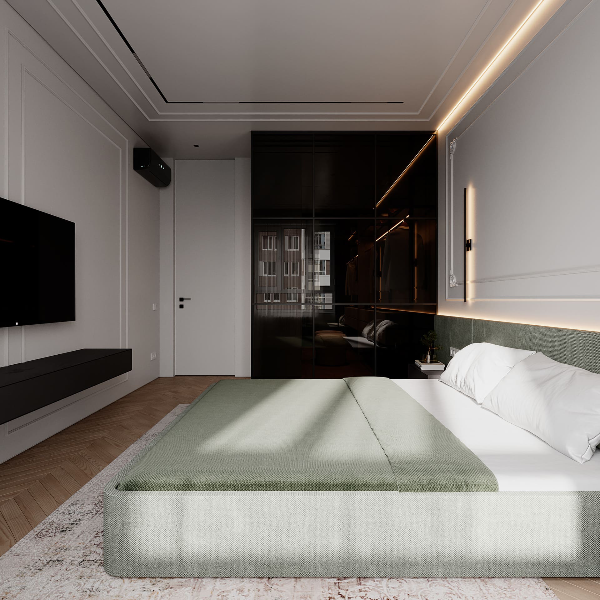 Престижная светлая квартира в стиле минимализм, спальня, фото 50