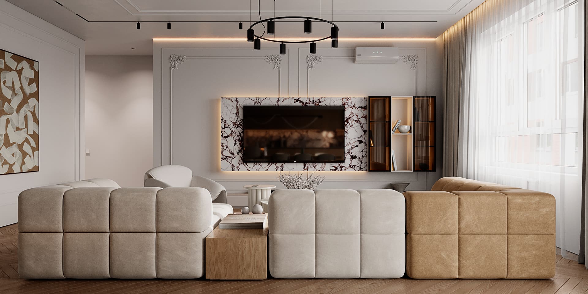 Prestigious bright apartment in minimalist style, kitchen-living room, photo 43