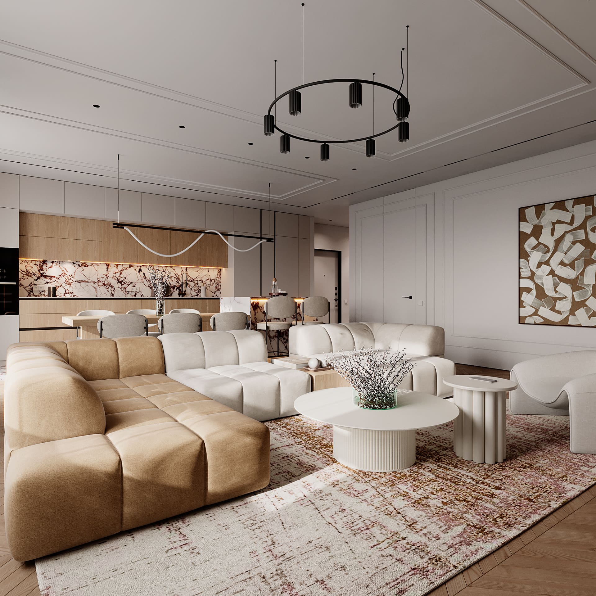 Prestigious bright apartment in minimalist style, kitchen-living room, photo 40