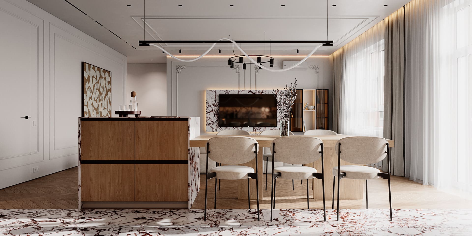 Prestigious bright apartment in minimalist style, kitchen-living room, photo 36