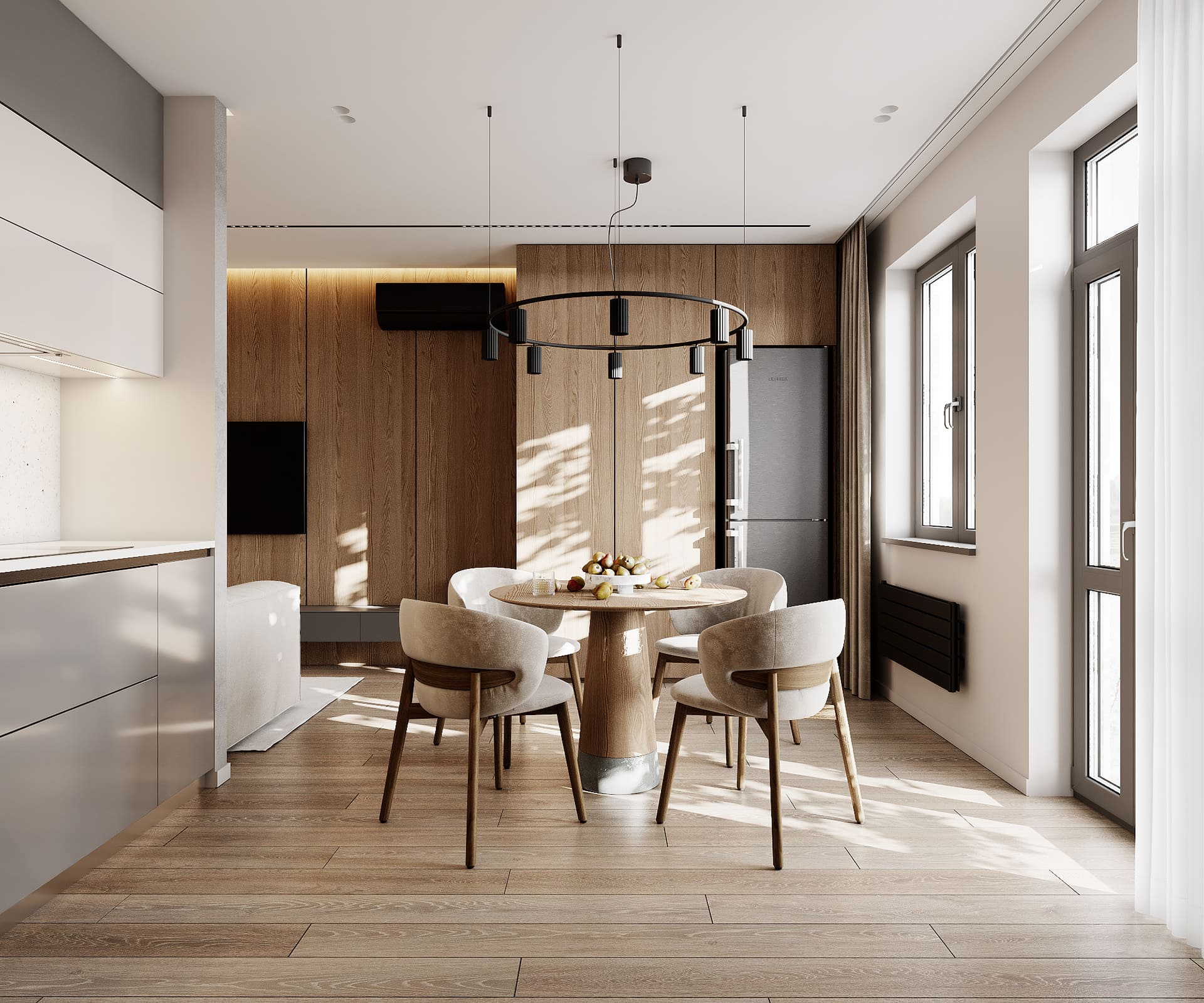 Лаконічна квартира у стилі мінімалізм, кухня-вітальня, фото 17