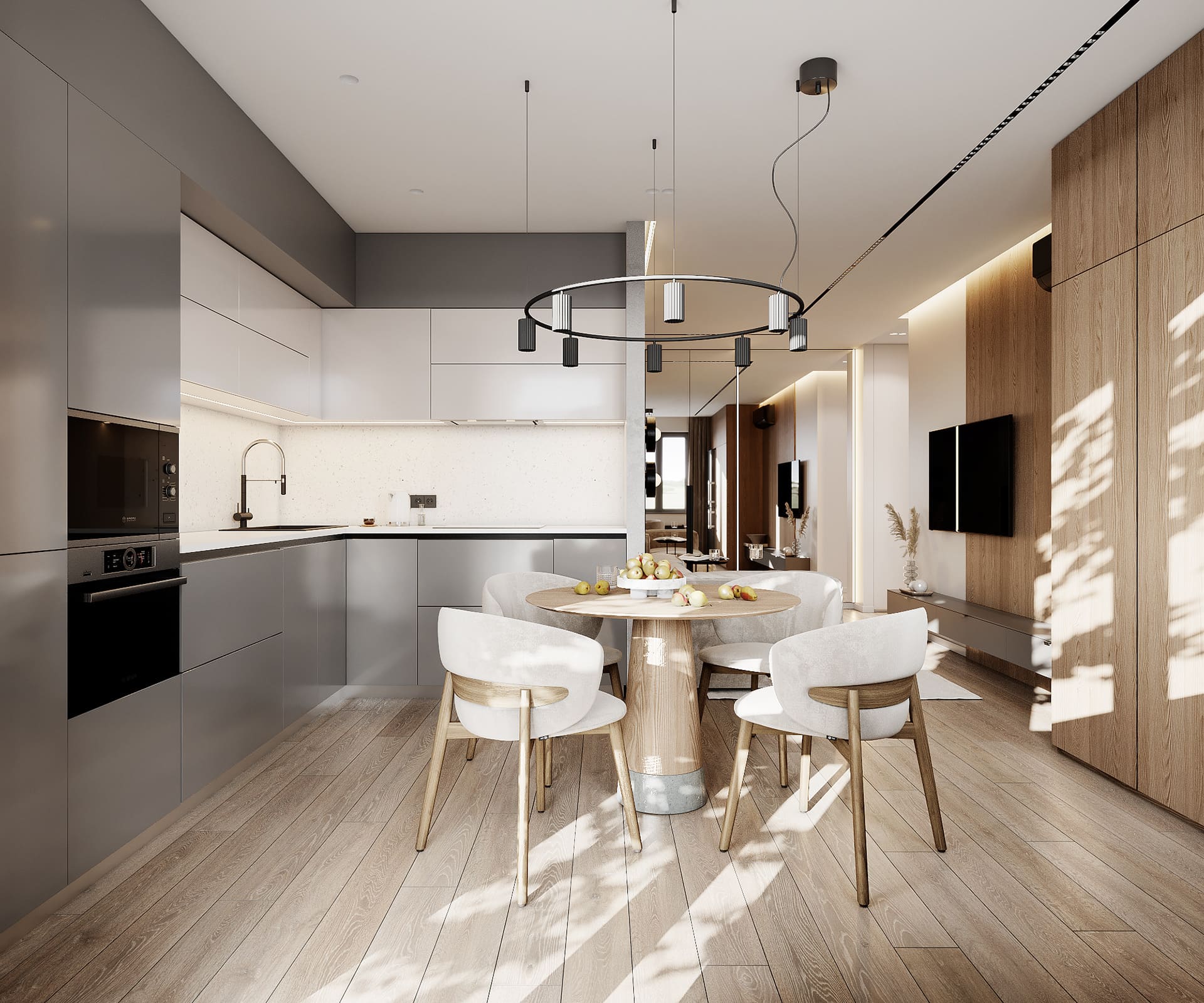 Лаконічна квартира у стилі мінімалізм, кухня-вітальня, фото 16