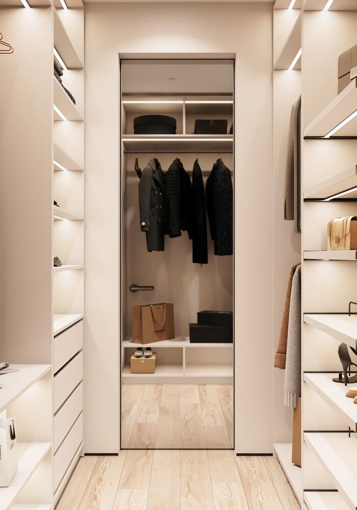 Spacious minimalist apartment in warm colors, wardrobe, photo 26