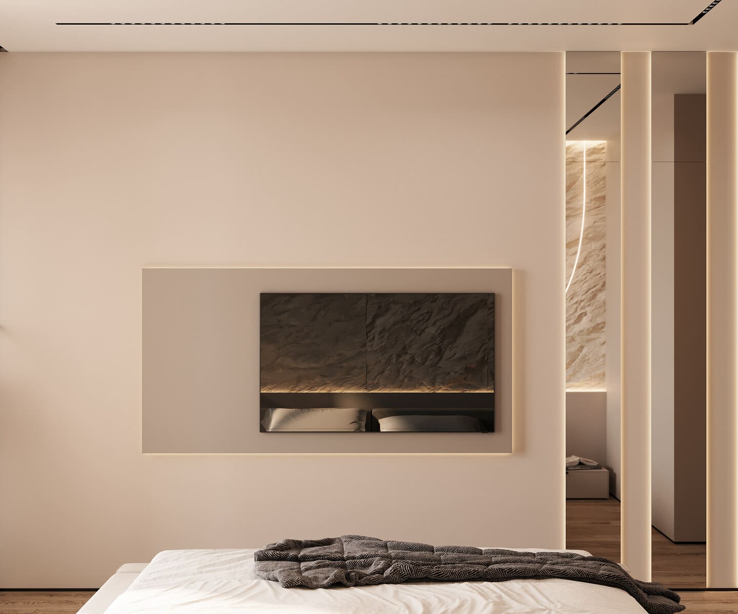 Spacious minimalist apartment in warm colors, bedroom, photo 36