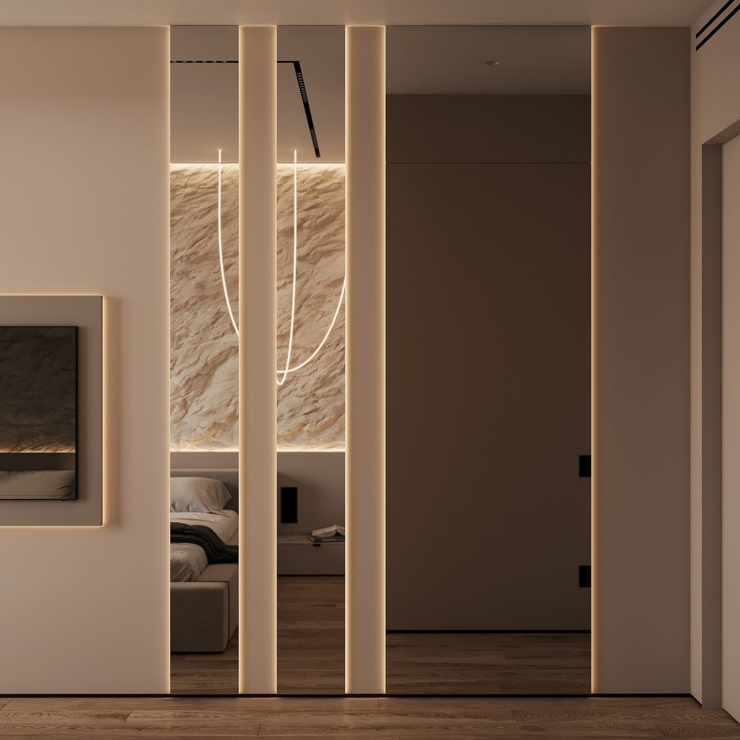 Spacious minimalist apartment in warm colors, bedroom, photo 33