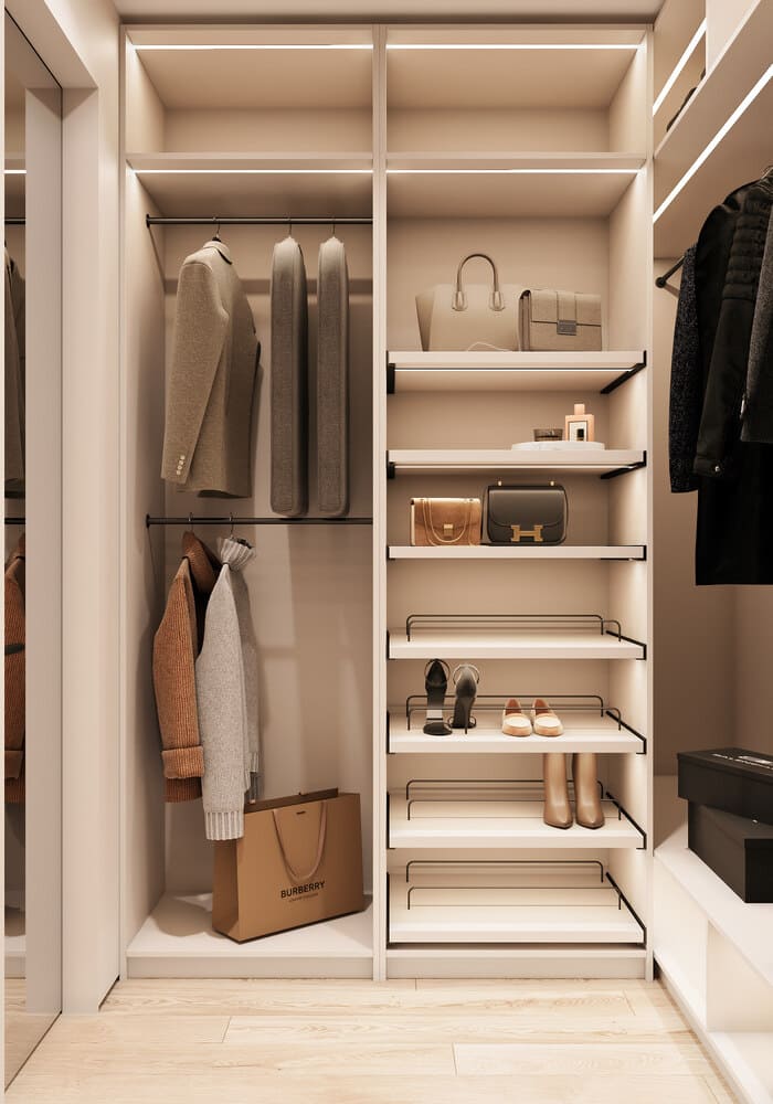 Spacious minimalist apartment in warm colors, wardrobe, photo 27