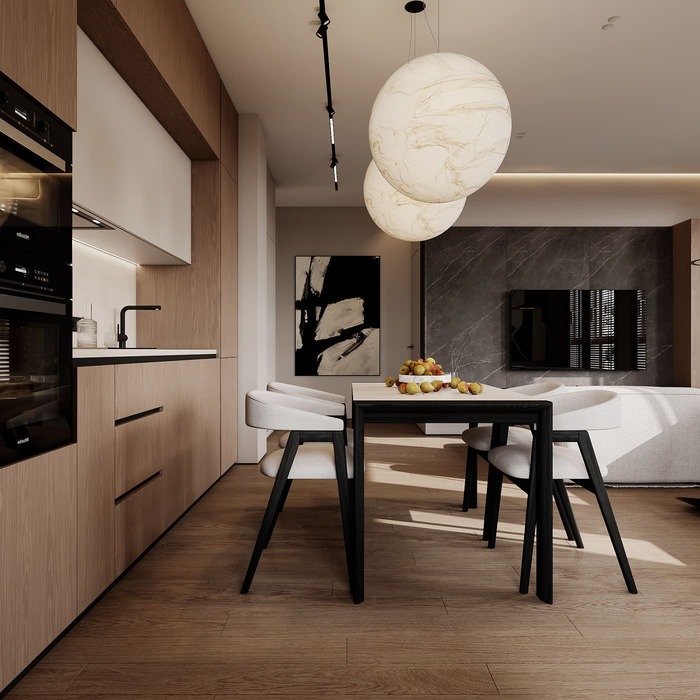 Эргономичная квартира в минималистическом стиле, кухня-гостинная, фото 27