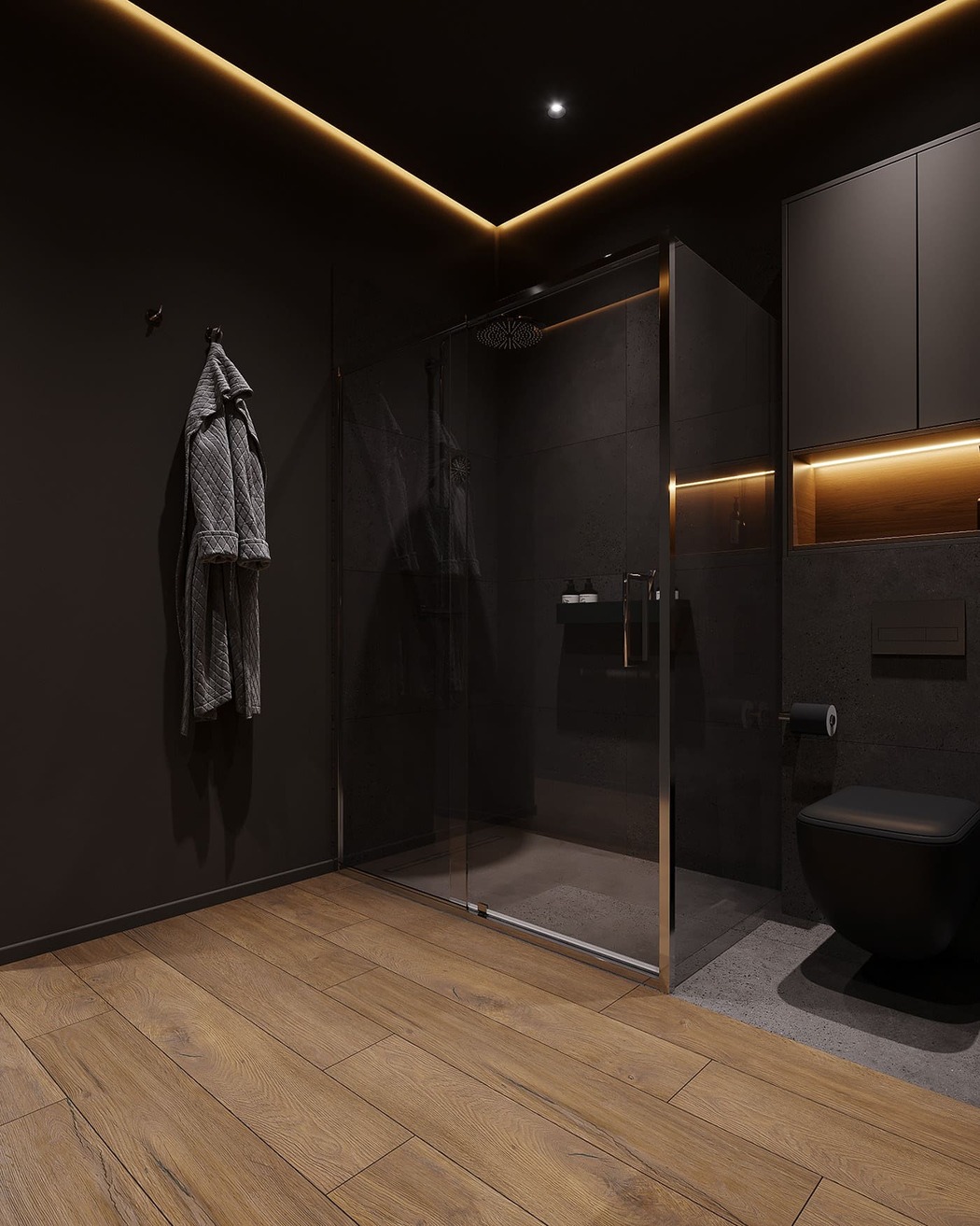 Compact apartment in a dark style, bathroom, photo 10