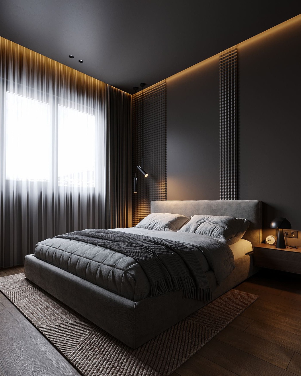 Compact apartment in a dark style, bedroom, photo 6