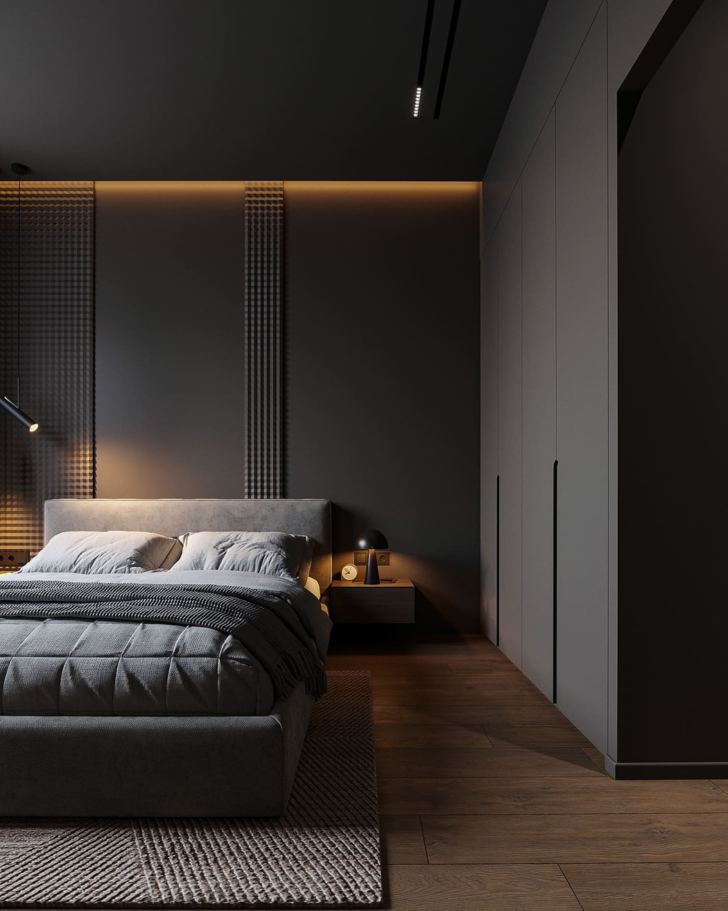 Compact apartment in a dark style, bedroom, photo 5