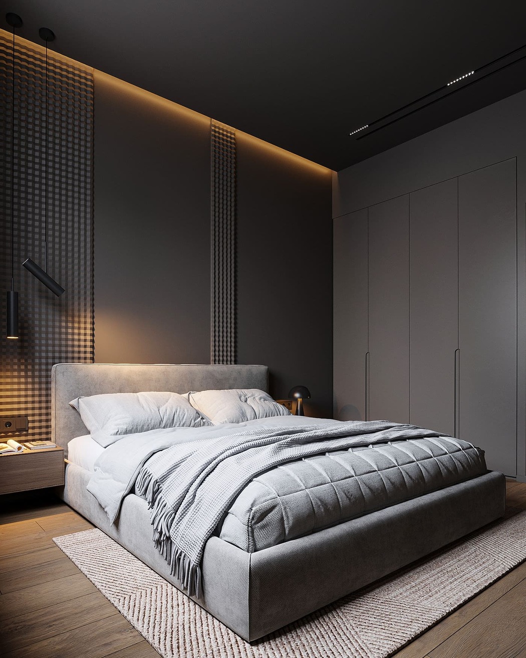 Compact apartment in a dark style, bedroom, photo 3